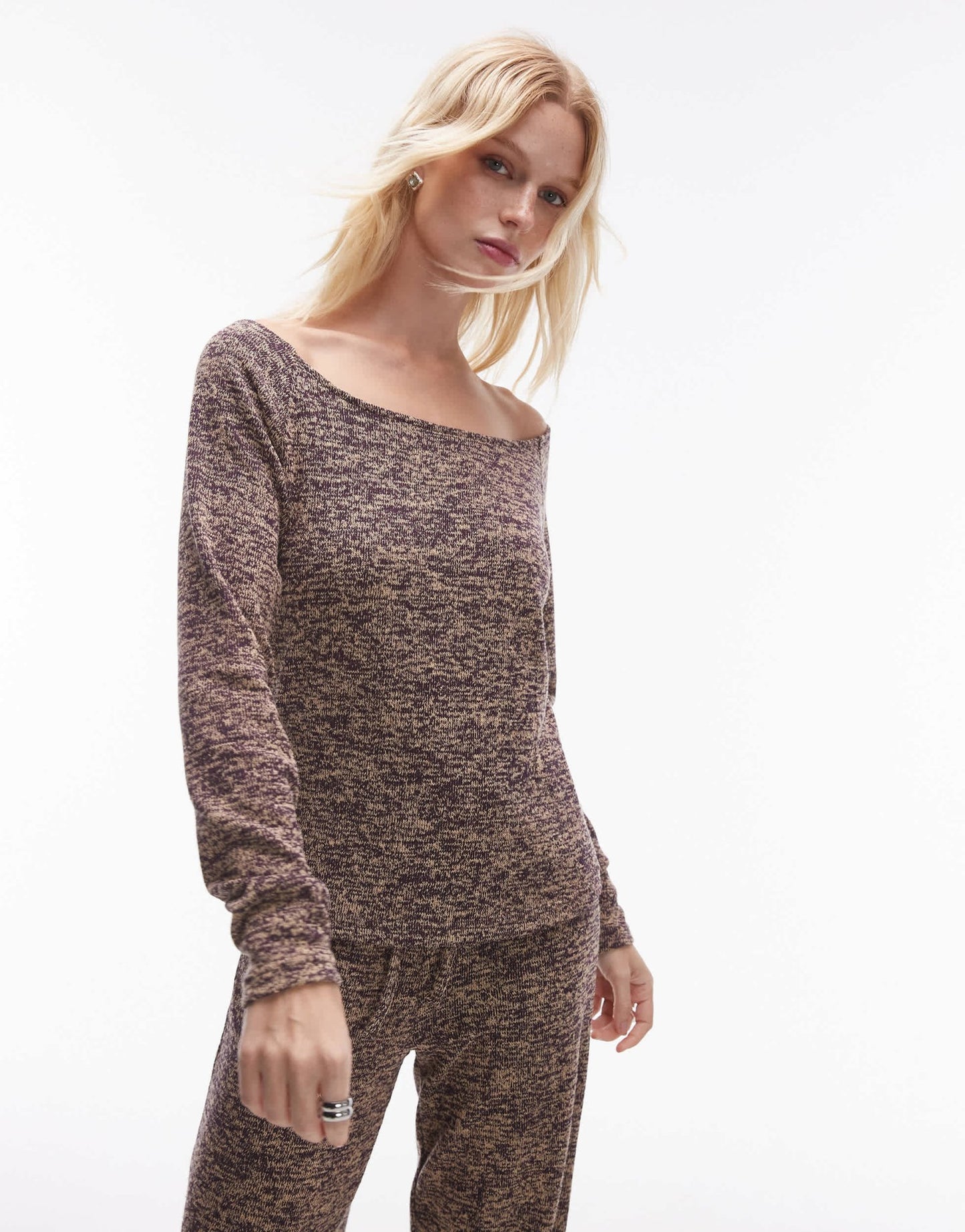 Resume boat neck long sleeve space dye lightweight jumper in brown melange co - ord - ASOS Sample Sale