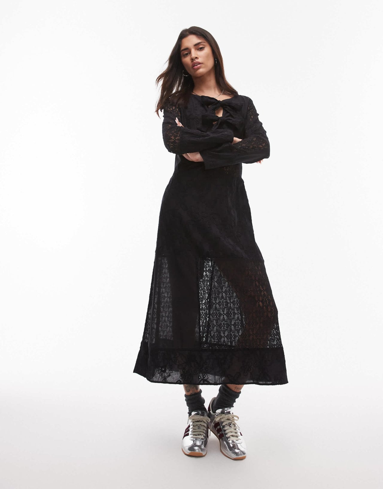 Resume broderie midaxi dress with front ties in black - ASOS Sample Sale