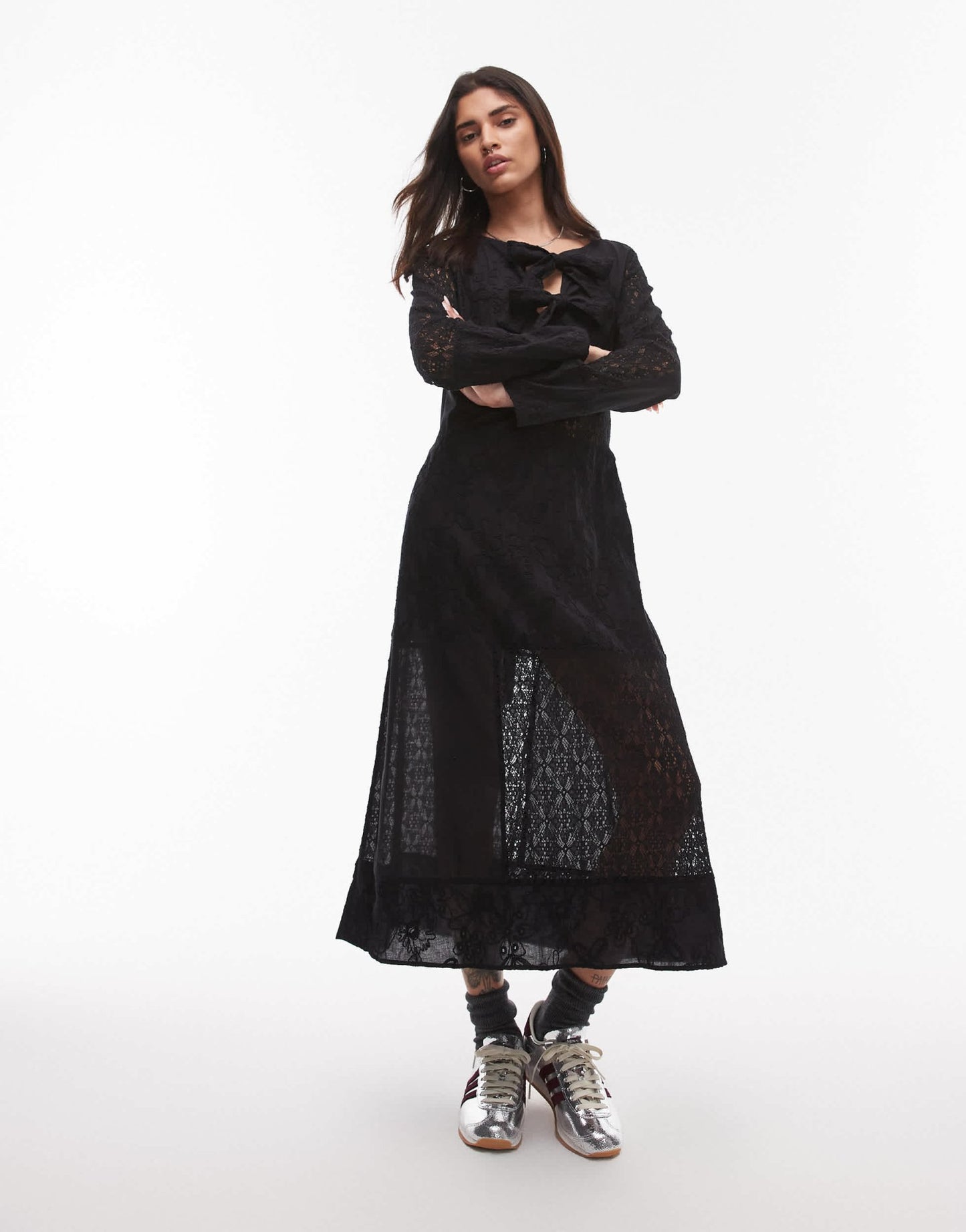 Resume broderie midaxi dress with front ties in black - ASOS Sample Sale