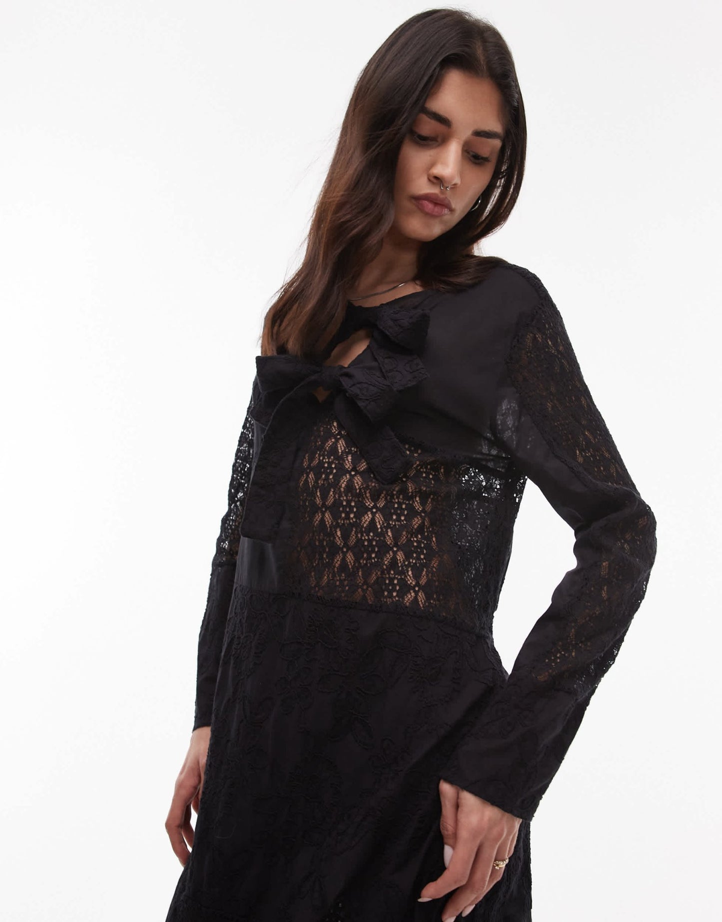 Resume broderie midaxi dress with front ties in black - ASOS Sample Sale