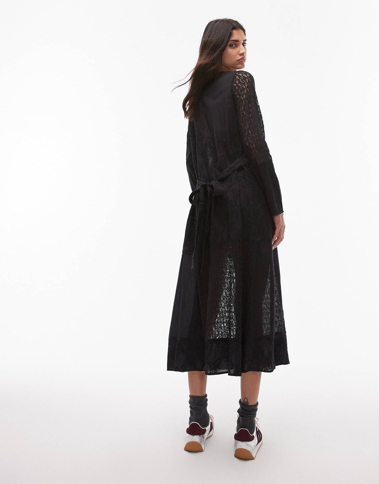 Resume broderie midaxi dress with front ties in black - ASOS Sample Sale