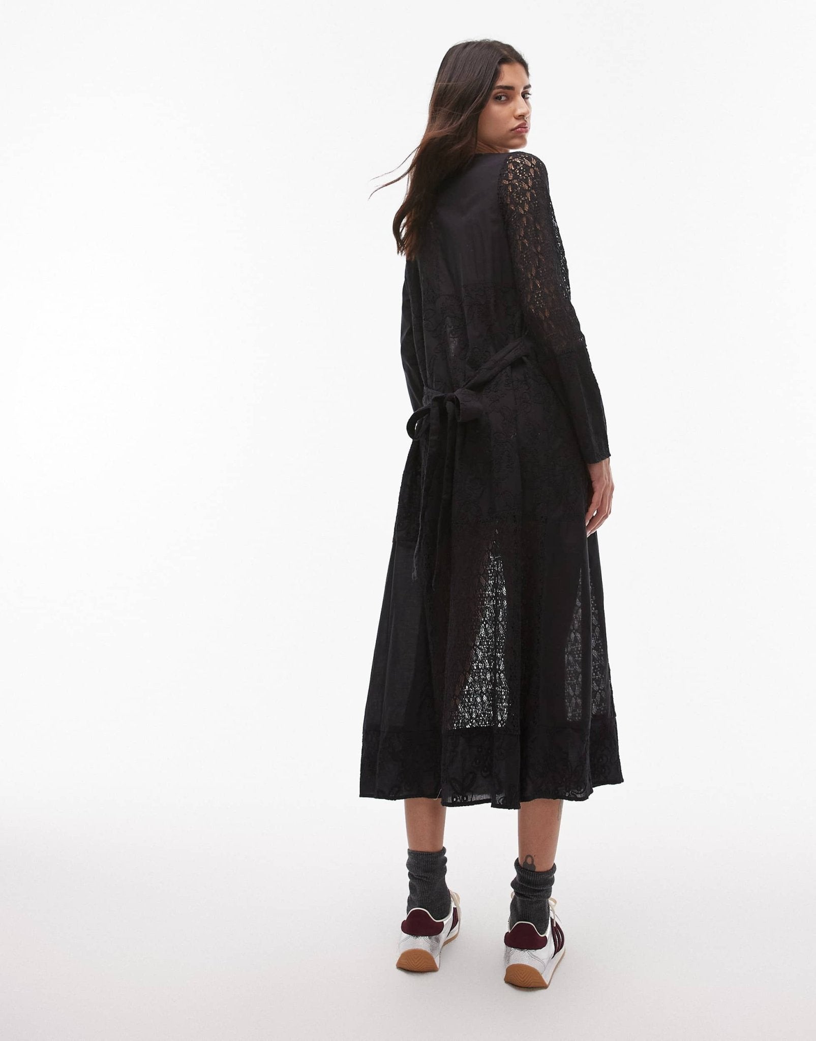 Resume broderie midaxi dress with front ties in black - ASOS Sample Sale