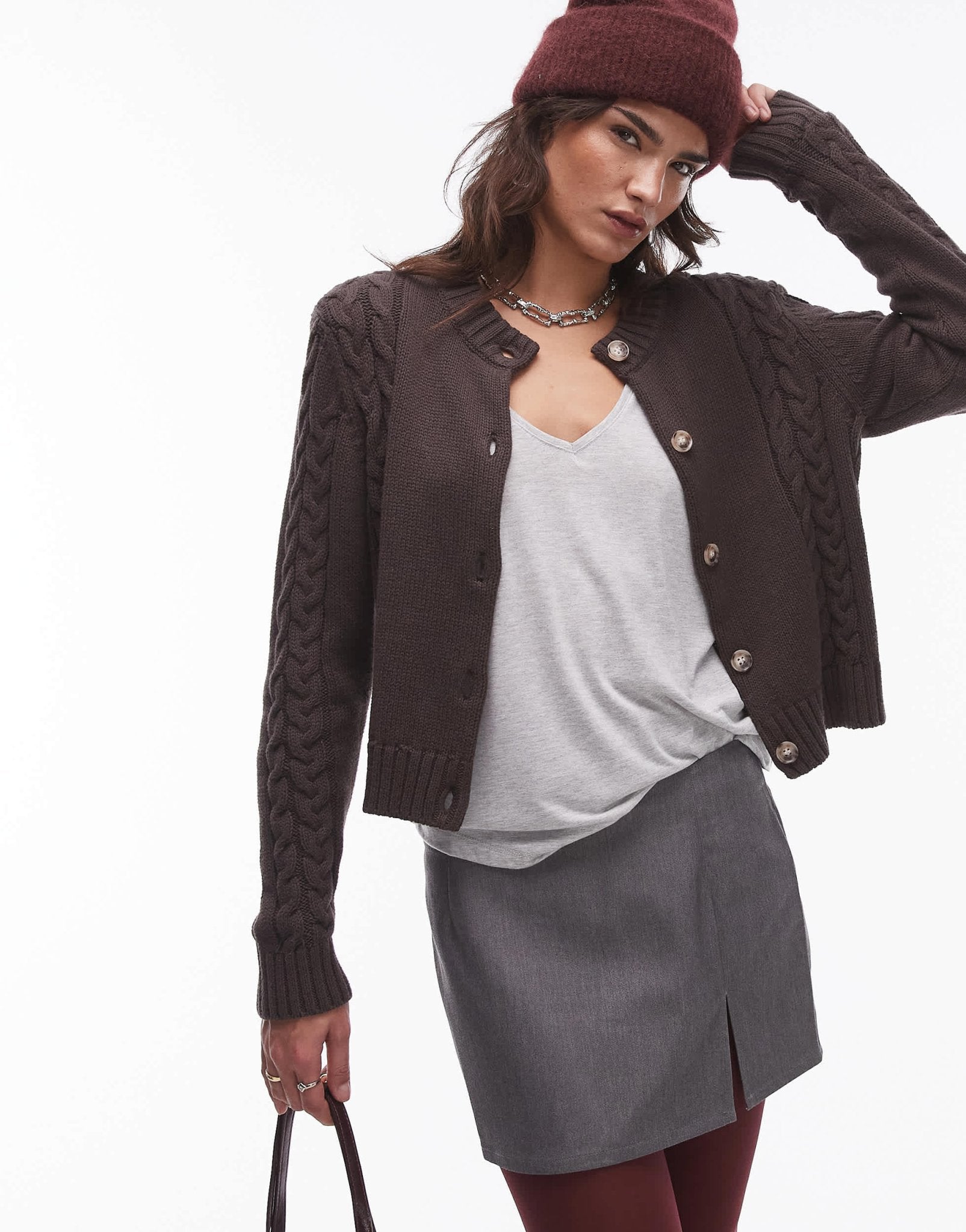 Resume cable knit fitted cardigan in dark brown - ASOS Sample Sale