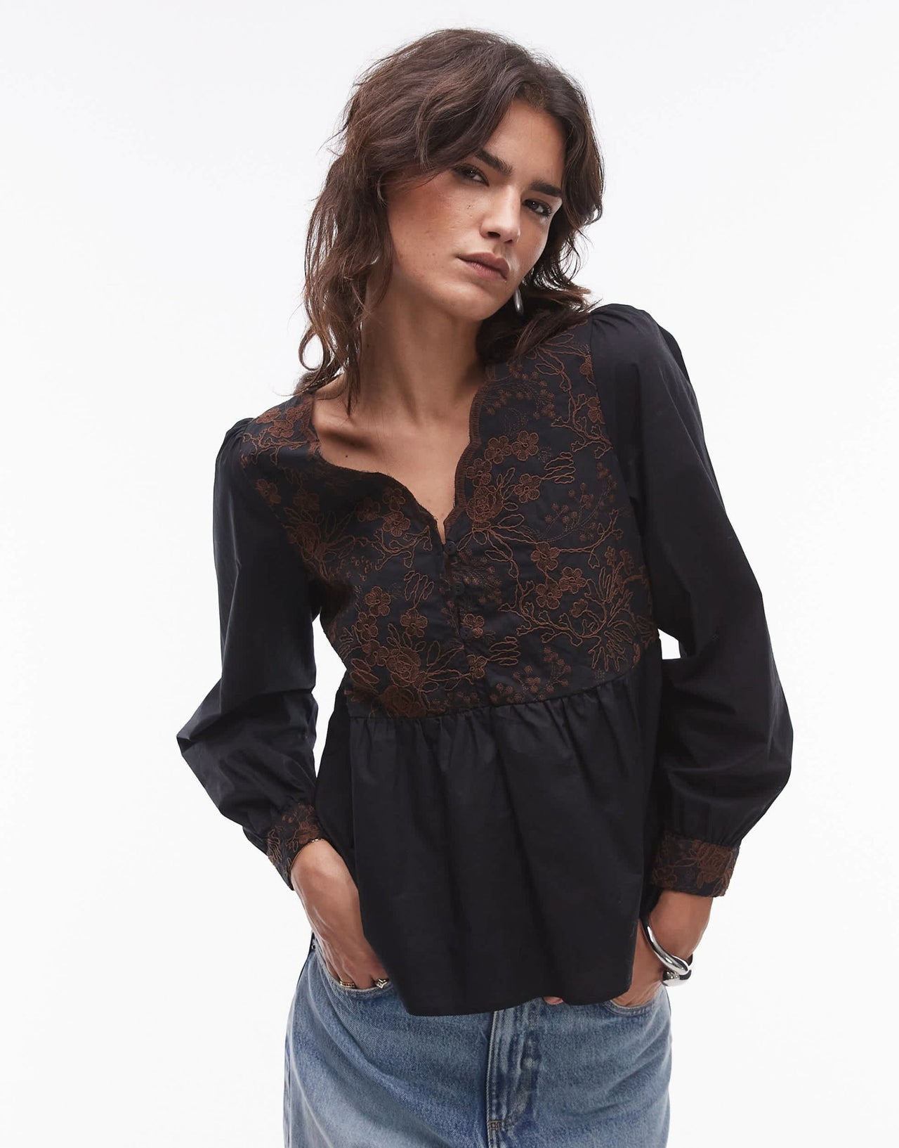 Resume embroidered poplin v neck blouse in black - ASOS Sample Sale