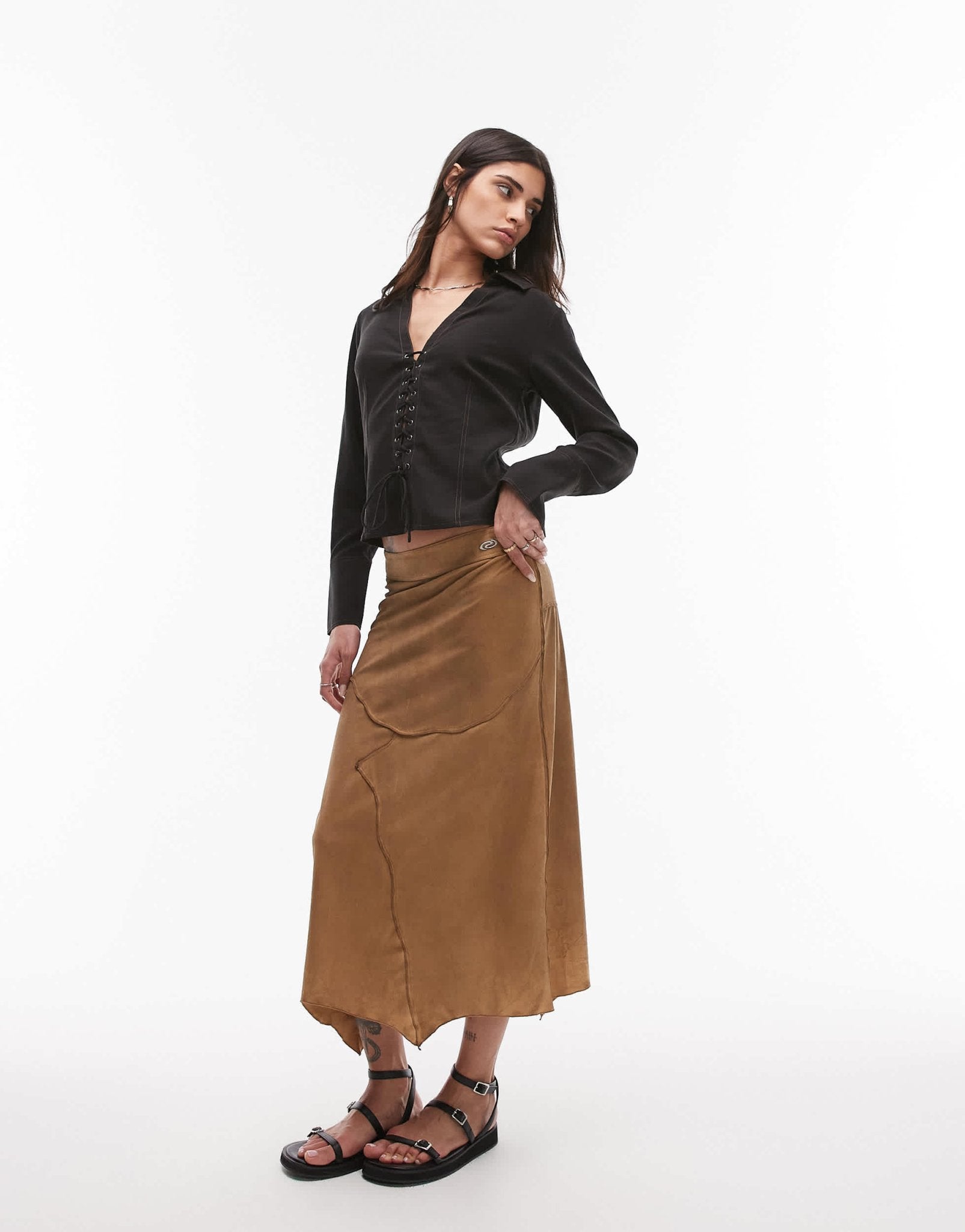 Resume faux suede boho western asymmetric midaxi skirt in light camel - ASOS Sample Sale
