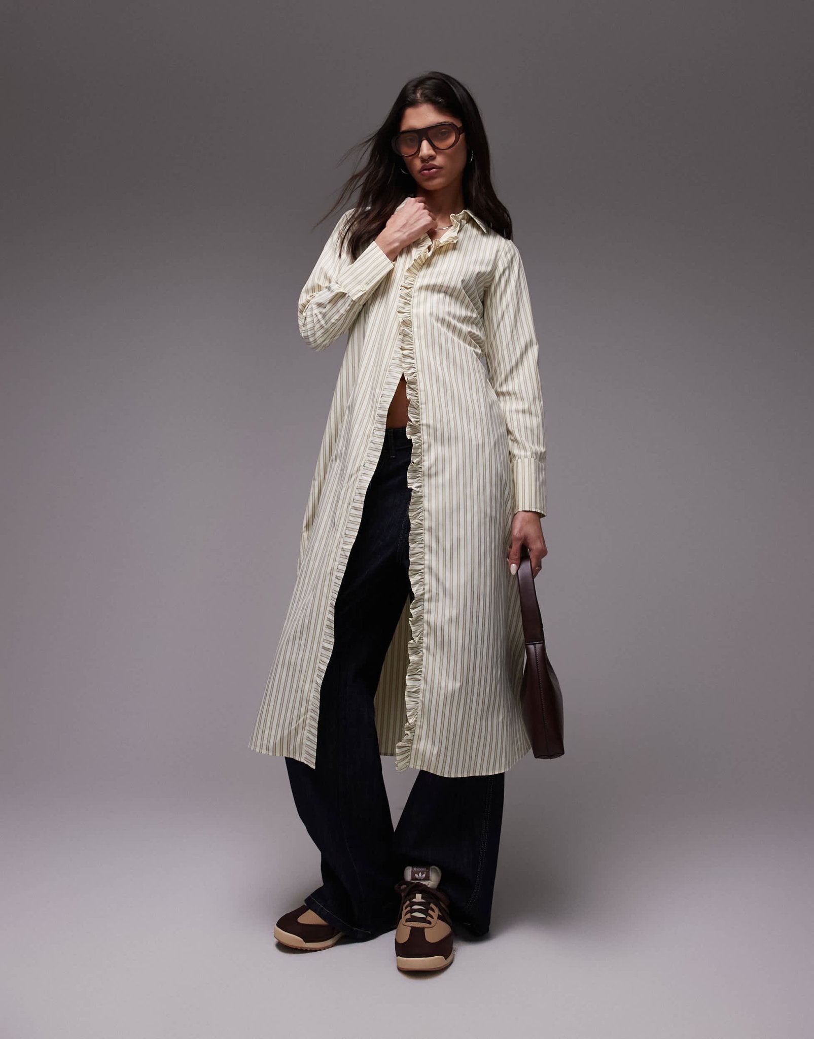 Resume fitted midaxi shirt dress with ruffle placket in multi creme stripe - ASOS Sample Sale