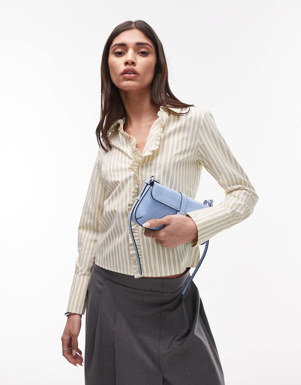 Resume fitted shirt with ruffle placket in multi creme stripe - ASOS Sample Sale