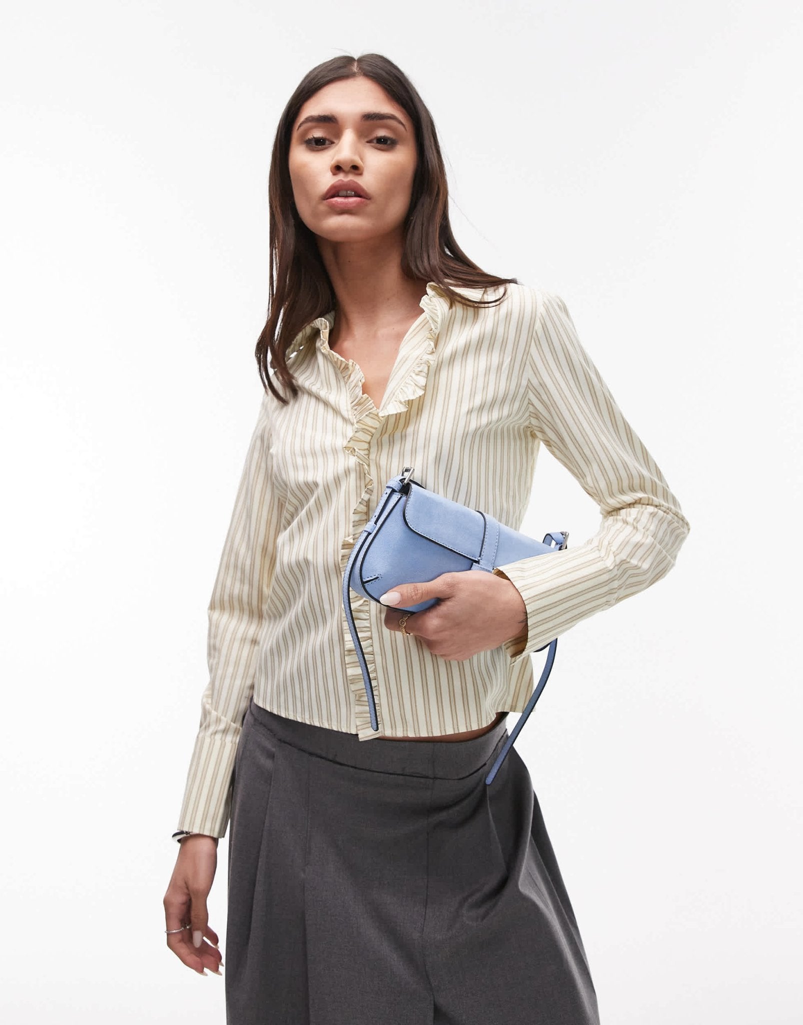 Resume fitted shirt with ruffle placket in multi creme stripe - ASOS Sample Sale