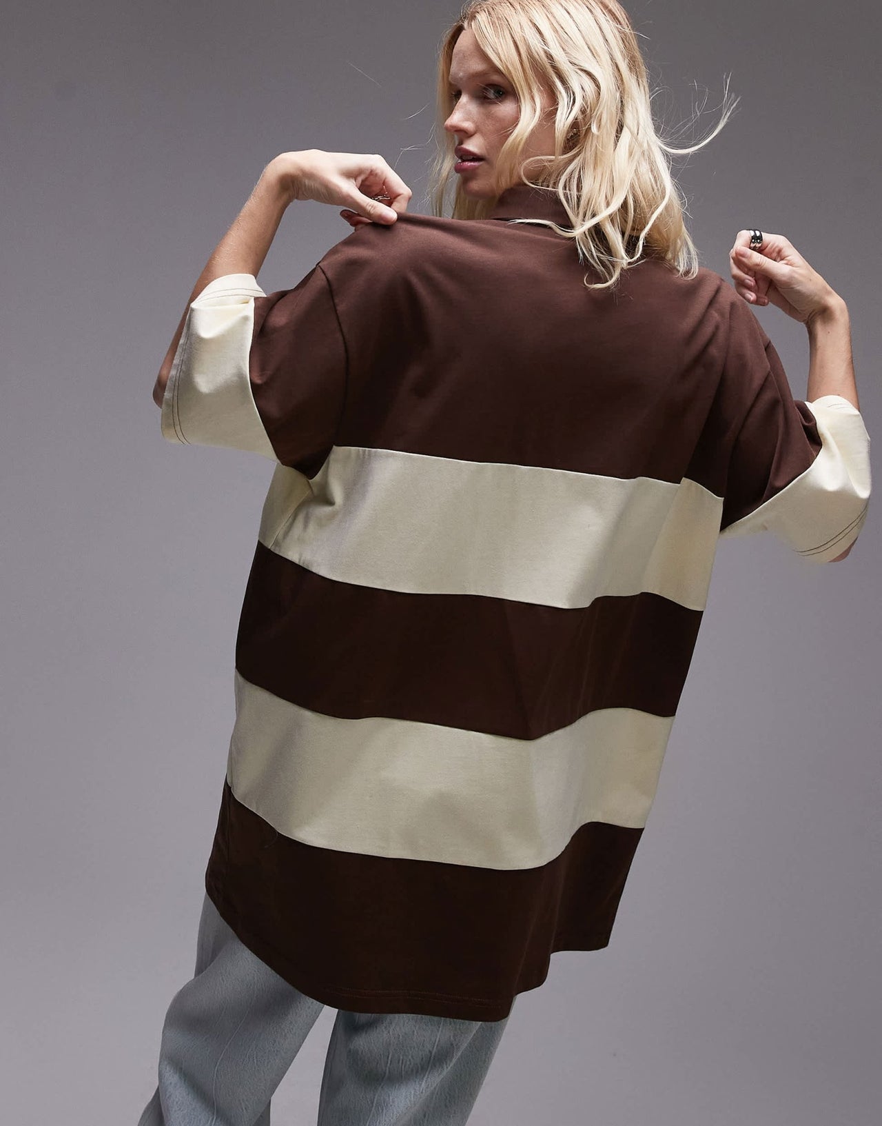Resume oversized polo top in brown cream stripe - ASOS Sample Sale