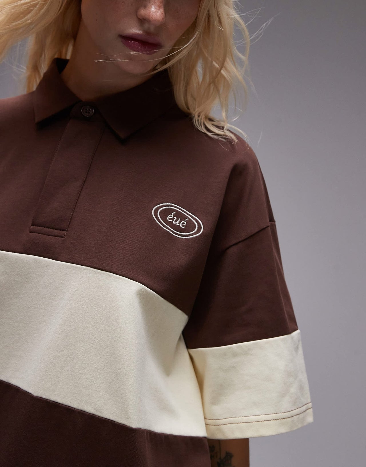 Resume oversized polo top in brown cream stripe - ASOS Sample Sale