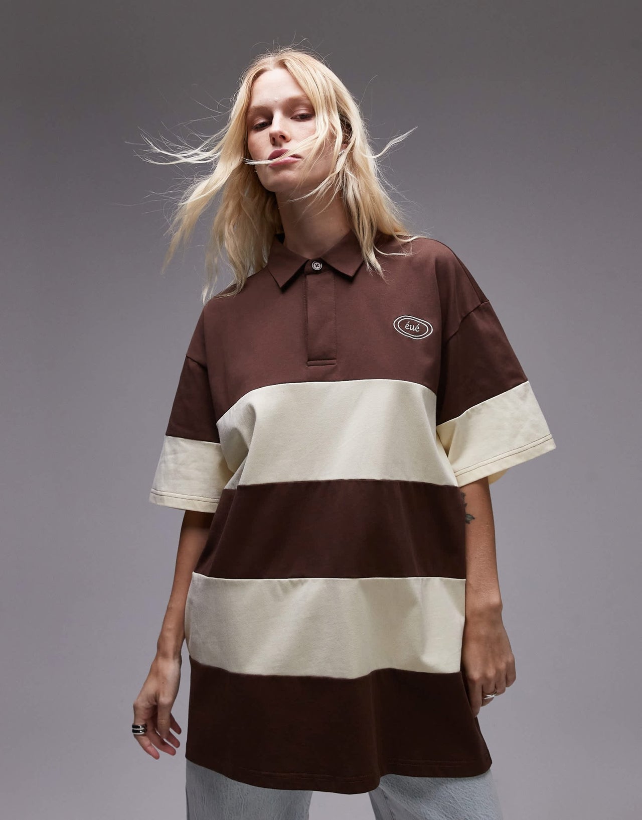 Resume oversized polo top in brown cream stripe - ASOS Sample Sale