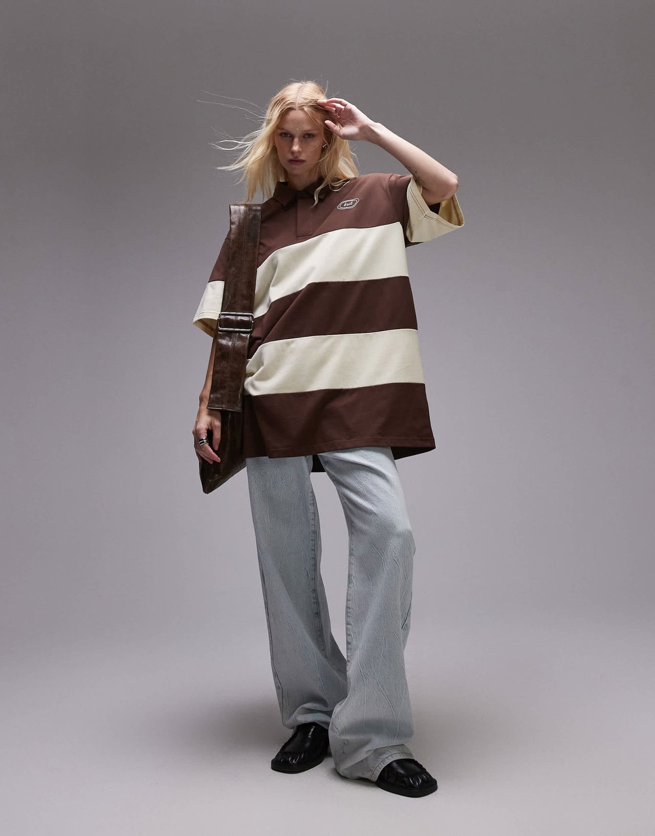 Resume oversized polo top in brown cream stripe - ASOS Sample Sale