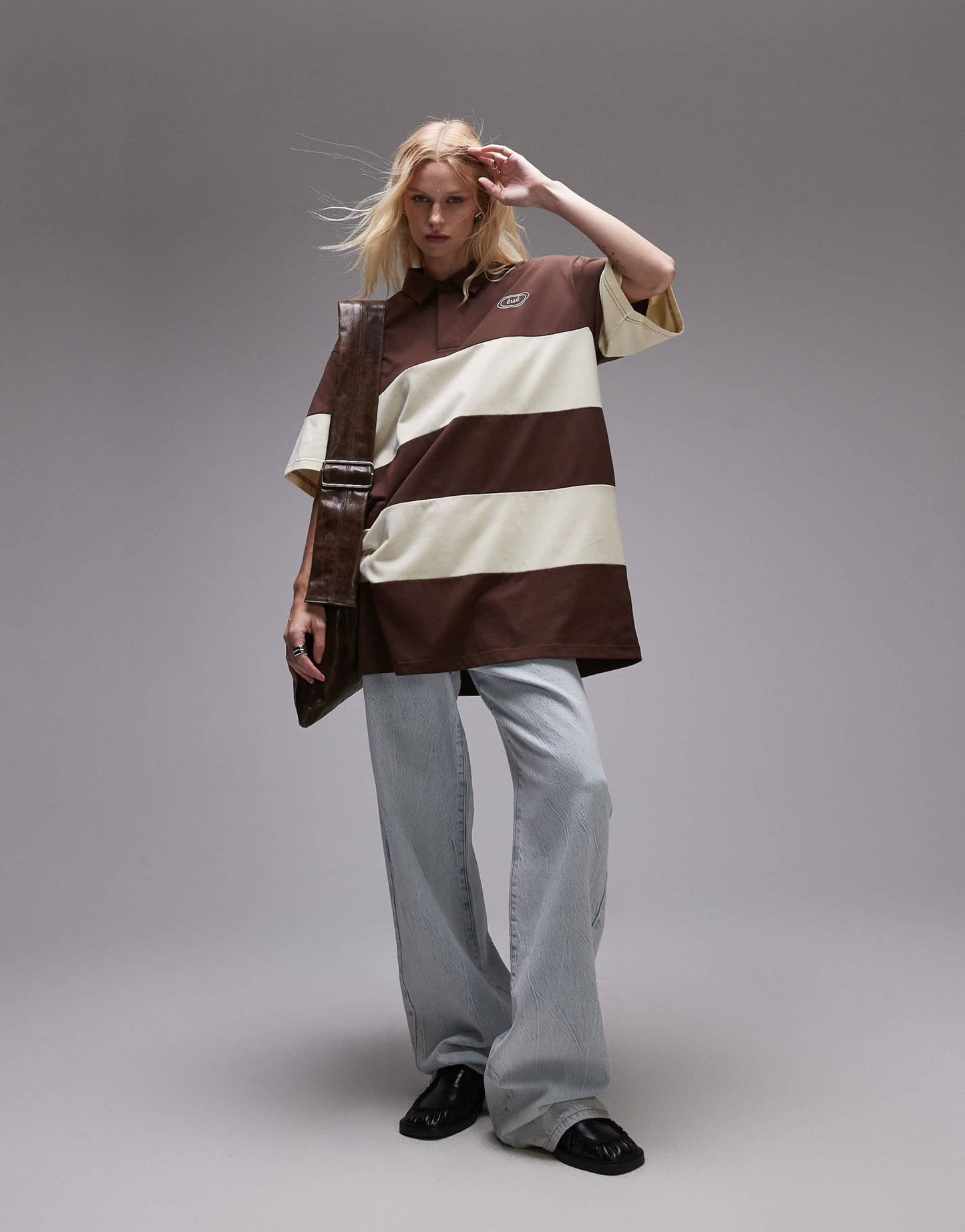 Resume oversized polo top in brown cream stripe - ASOS Sample Sale