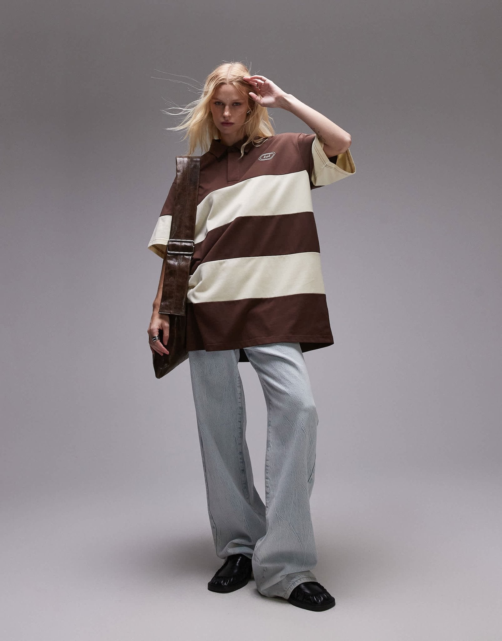 Resume oversized polo top in brown cream stripe - ASOS Sample Sale