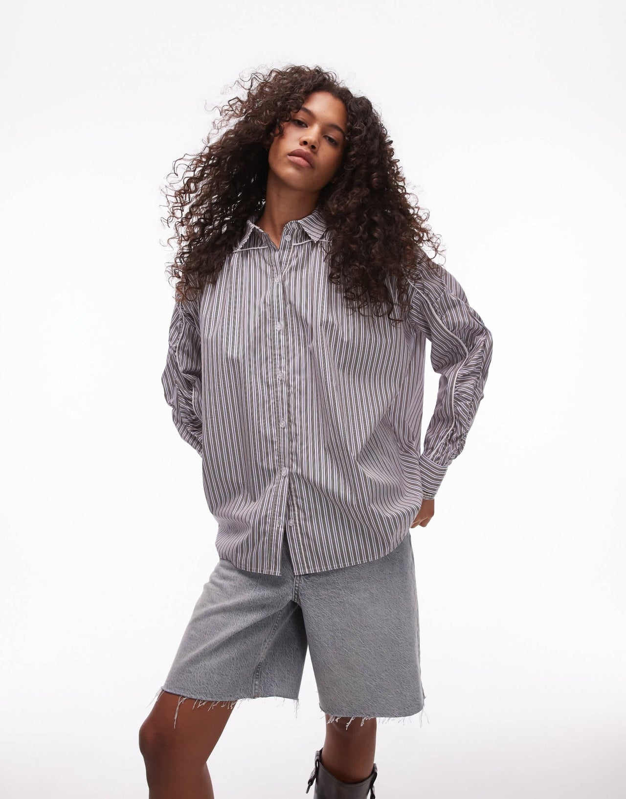 Resume oversized stripe boyfriend shirt with contrast piping and ruching - ASOS Sample Sale