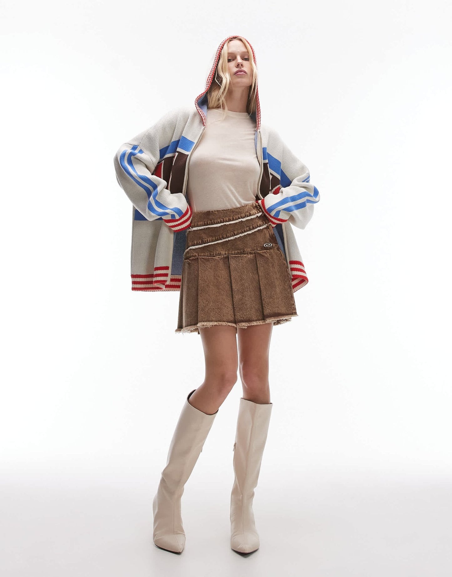 Resume pleated mini skirt in distressed brown denim with fraying - ASOS Sample Sale
