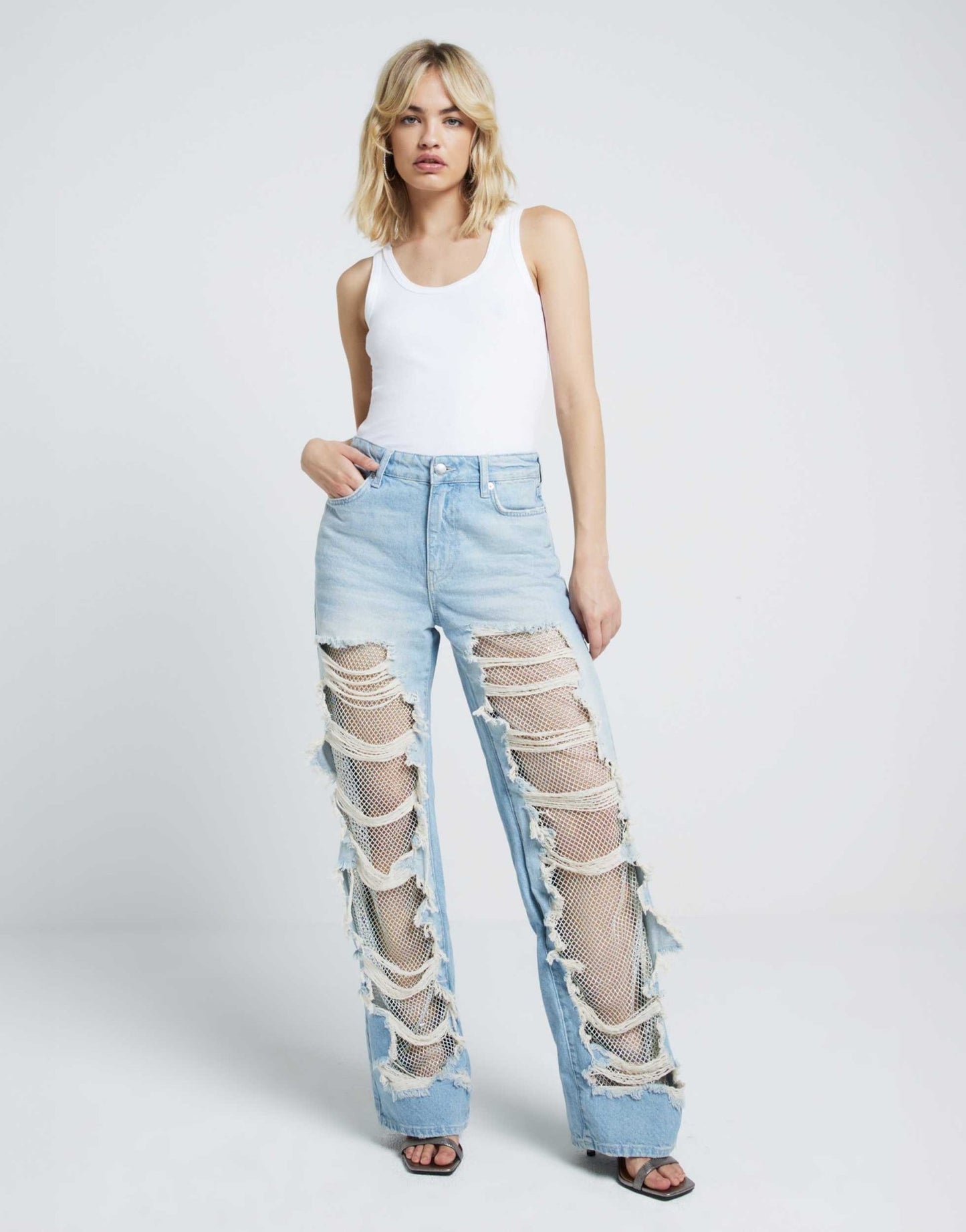 River Island bejewelled super distressed straight leg jean in lightwash blue - ASOS Sample Sale