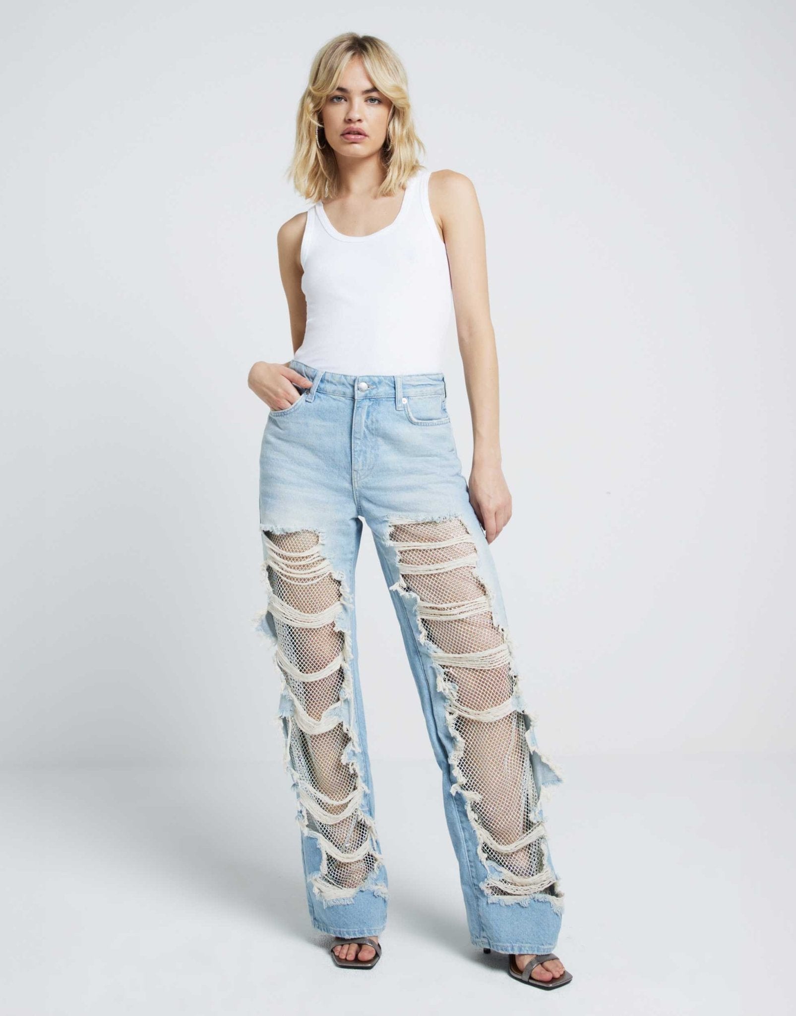 River Island bejewelled super distressed straight leg jean in lightwash blue - ASOS Sample Sale