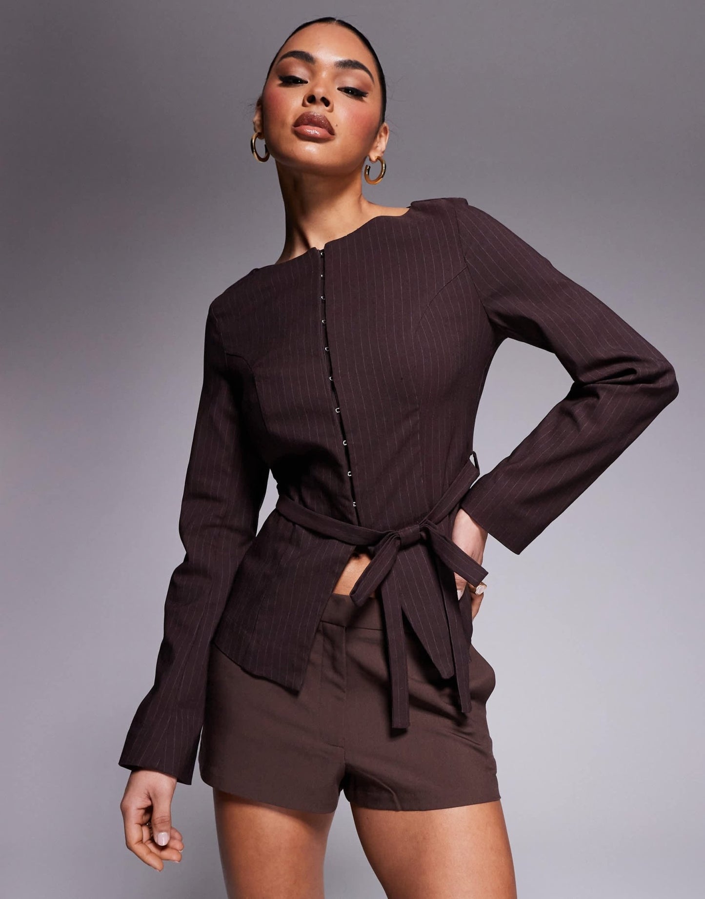 River Island Boat neck belted top in brown - ASOS Sample Sale