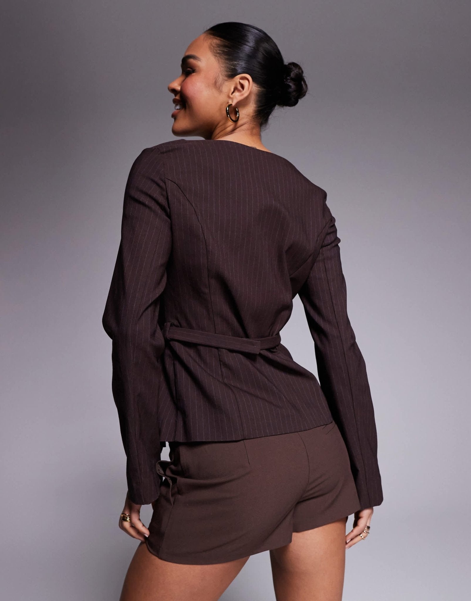 River Island Boat neck belted top in brown - ASOS Sample Sale