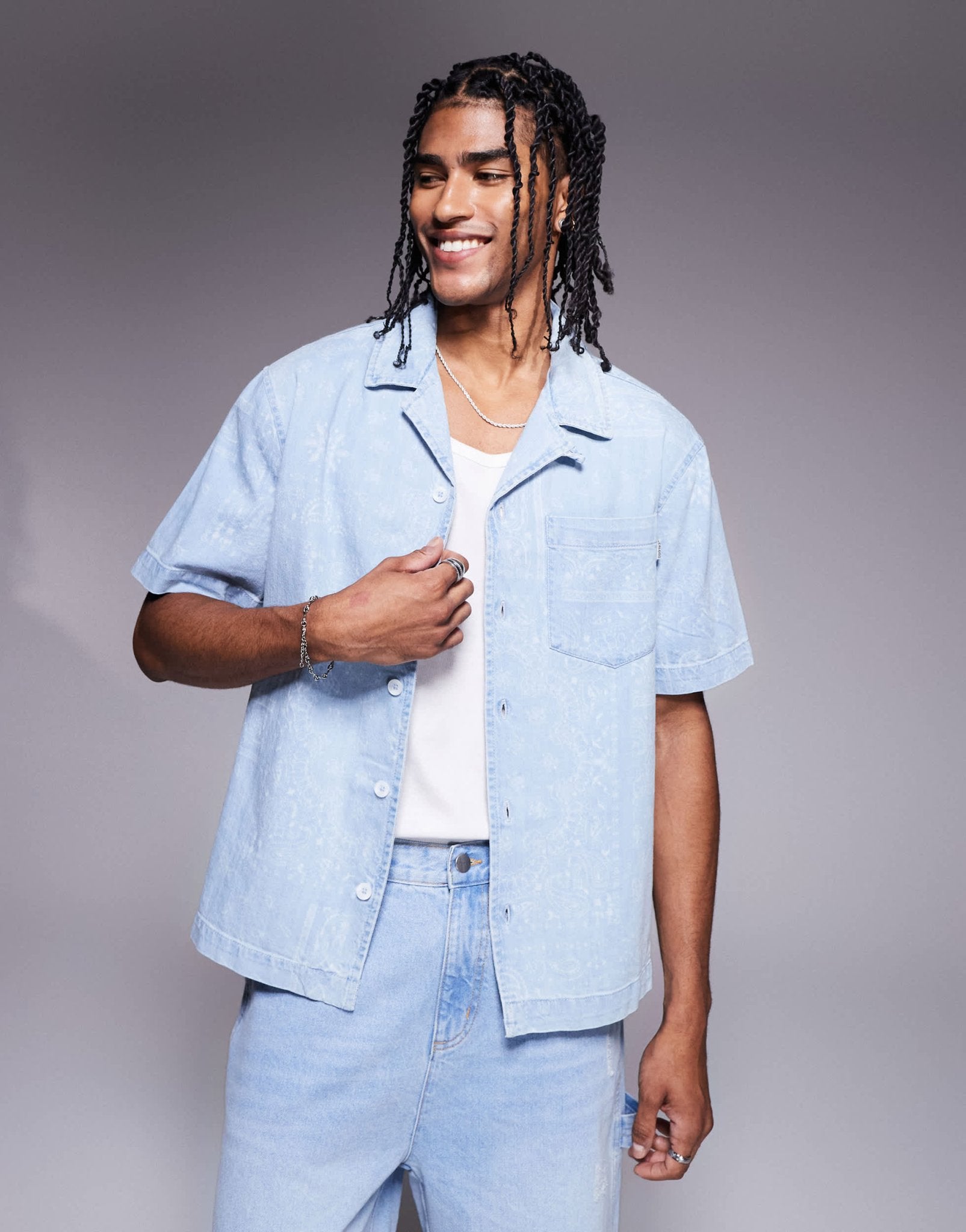River Island boxy denim shirt in faded paisley print - ASOS Sample Sale