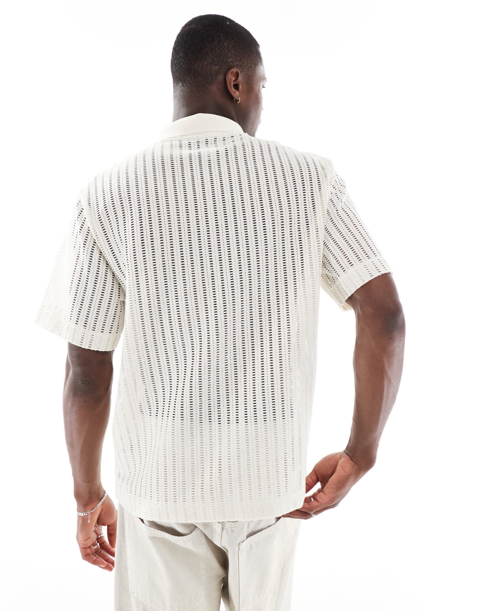 River Island boxy fit crochet polo in white - ASOS Sample Sale
