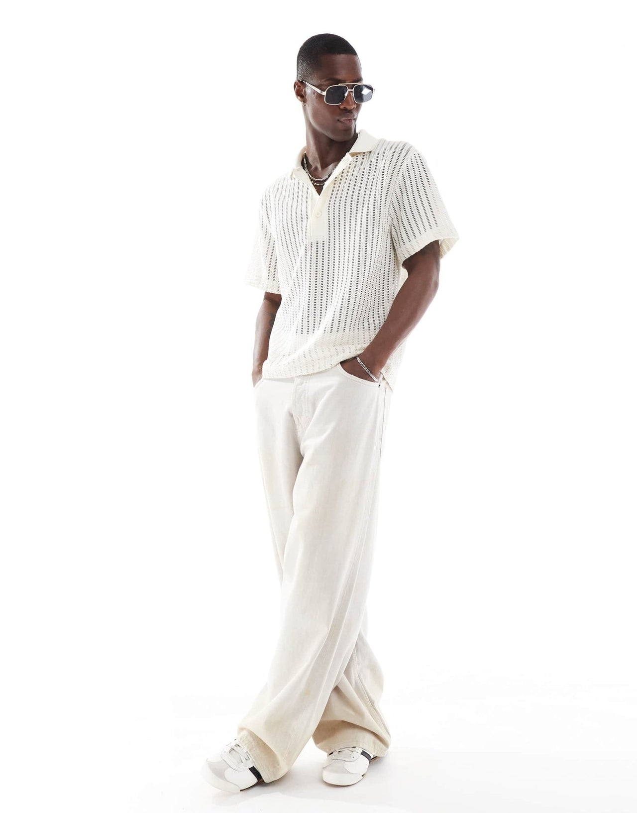 River Island boxy fit crochet polo in white - ASOS Sample Sale