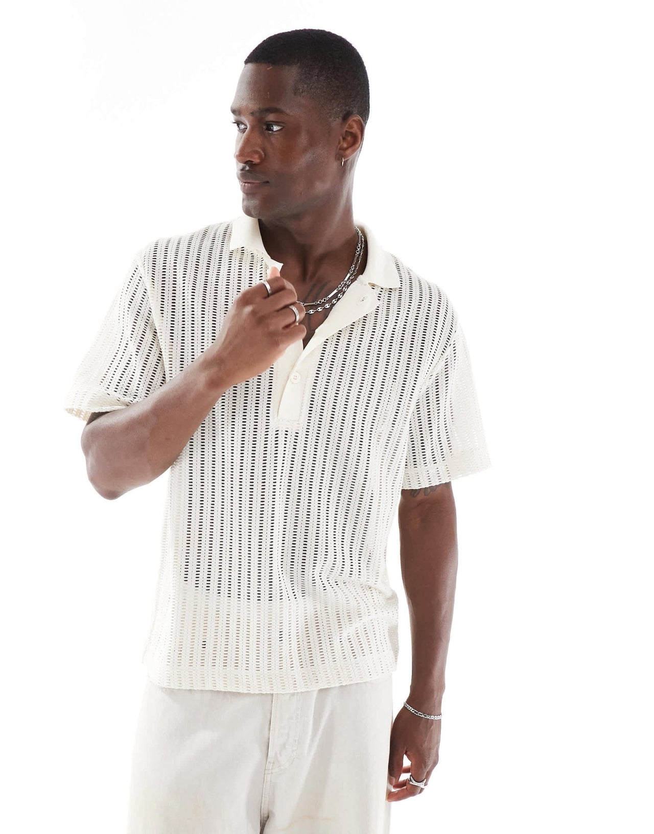 River Island boxy fit crochet polo in white - ASOS Sample Sale