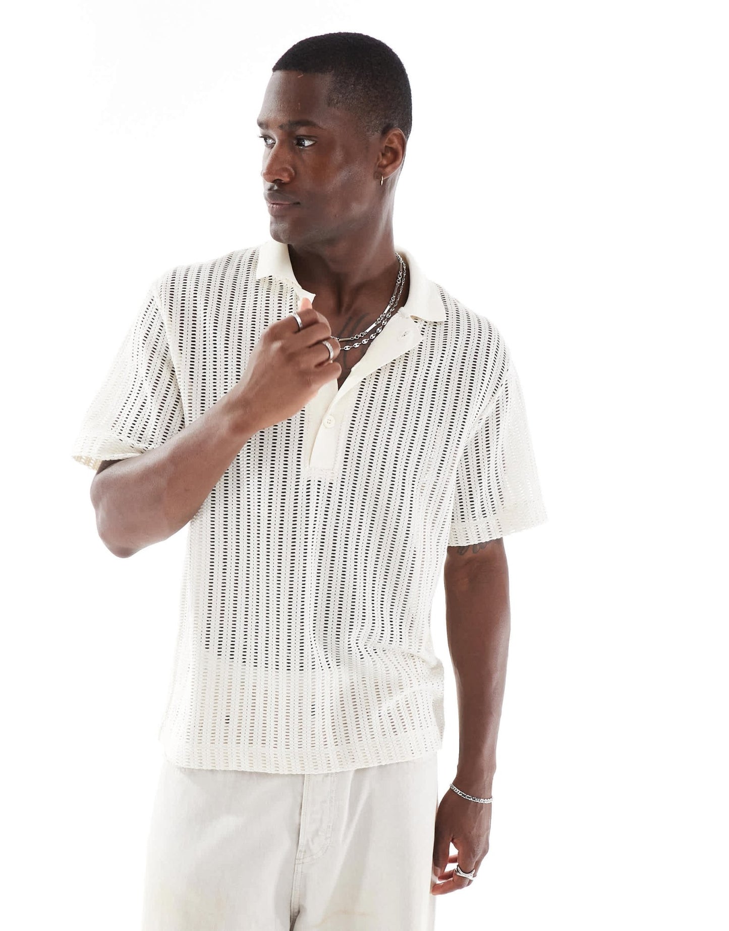 River Island boxy fit crochet polo in white - ASOS Sample Sale