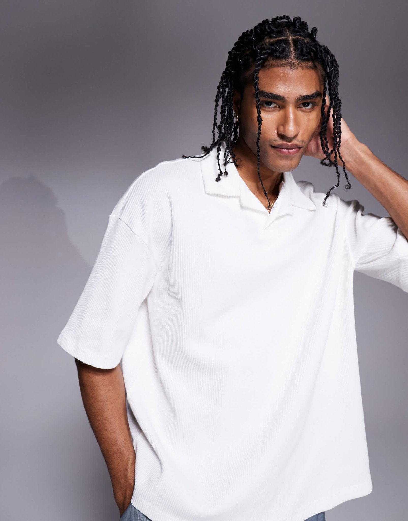 River Island boxy oversized fit revere collar polo in ecru - ASOS Sample Sale