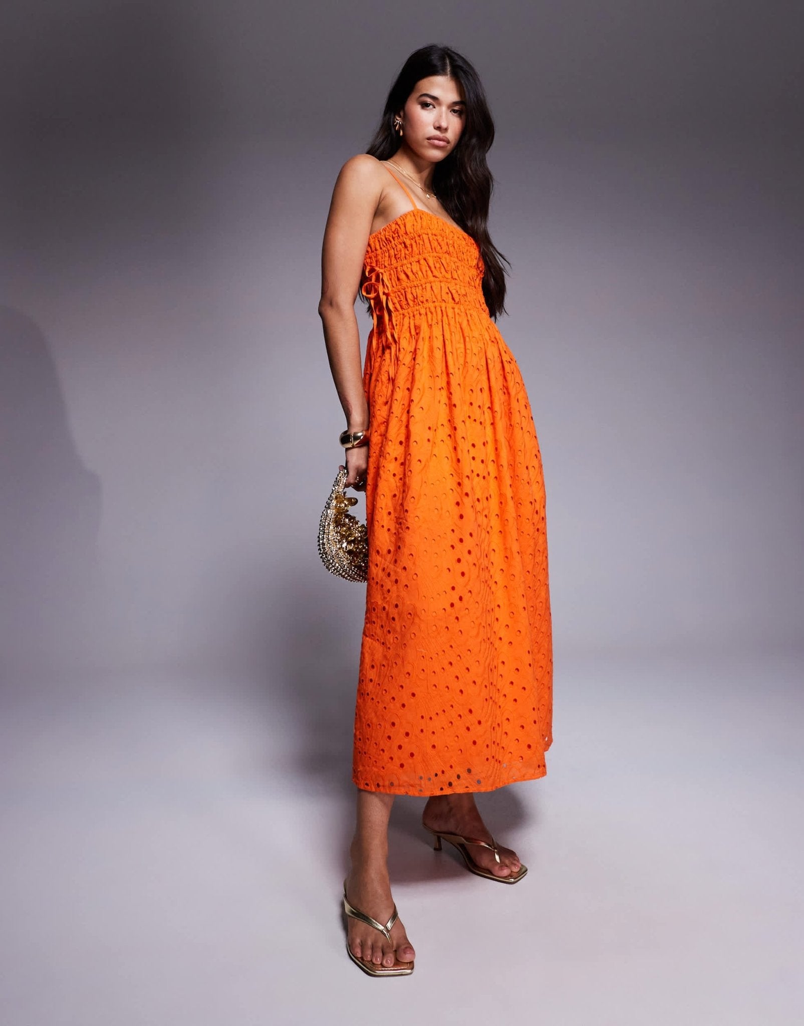 River Island broderie baby doll maxi dress in orange - ASOS Sample Sale