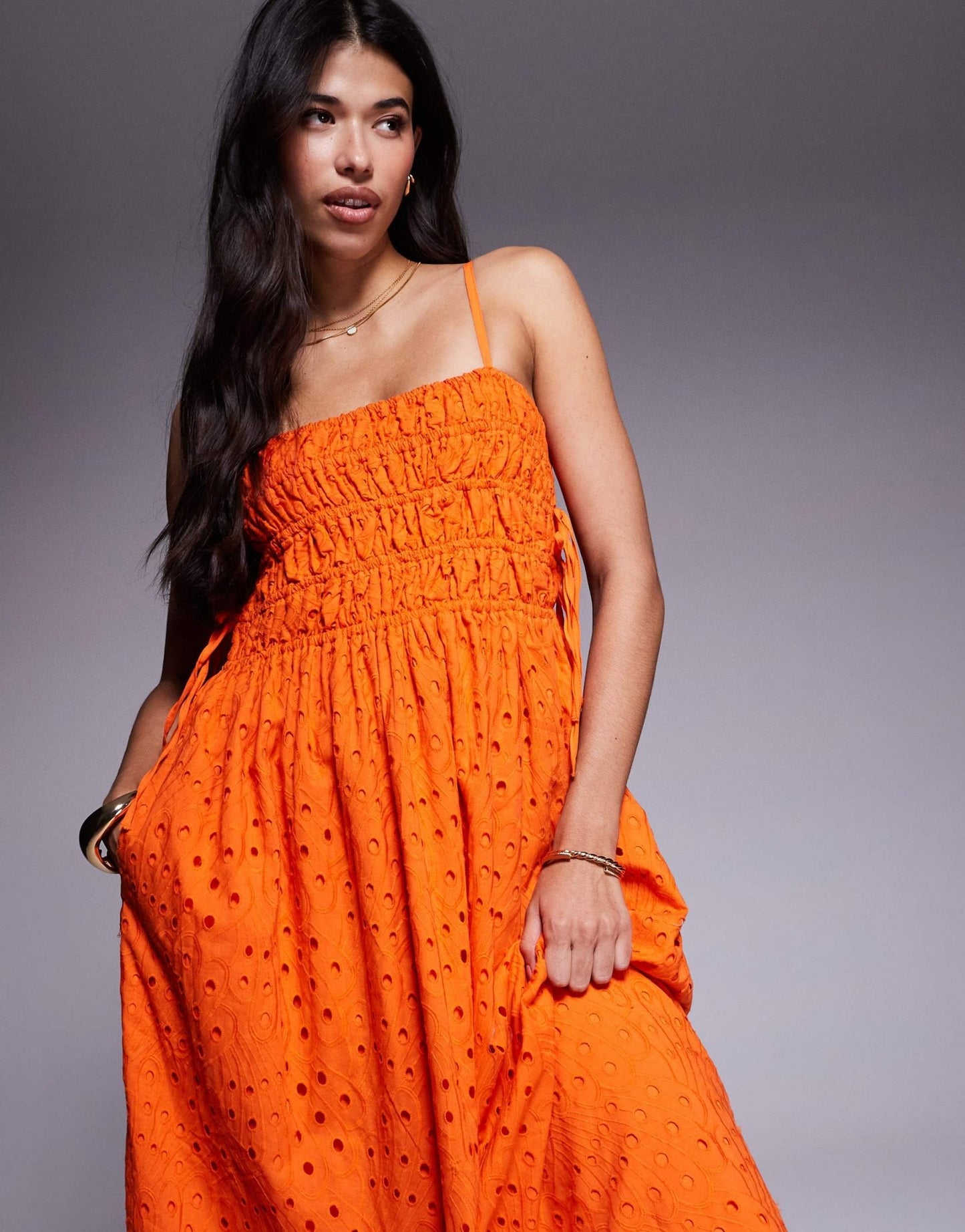 River Island broderie baby doll maxi dress in orange - ASOS Sample Sale
