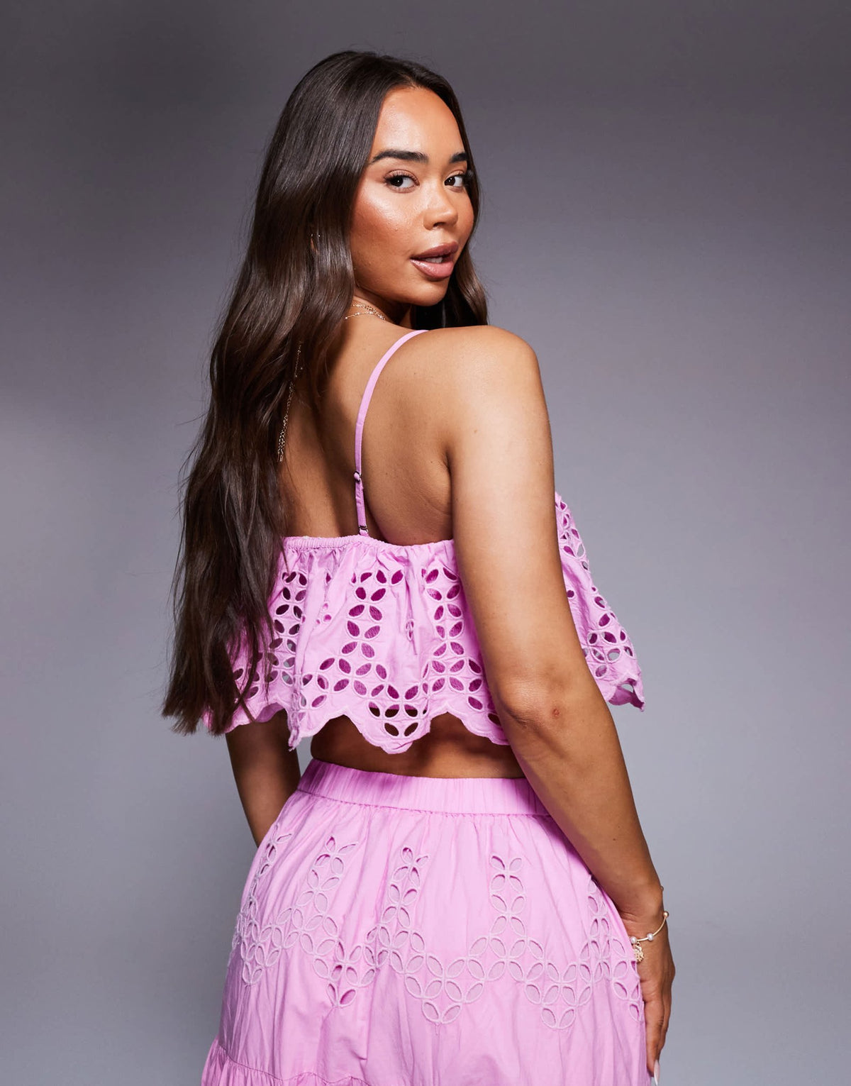 River Island broderie cropped cami top co-ord in pink - ASOS Sample Sale