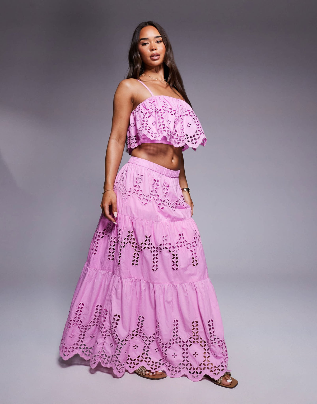 River Island broderie cropped cami top co-ord in pink - ASOS Sample Sale