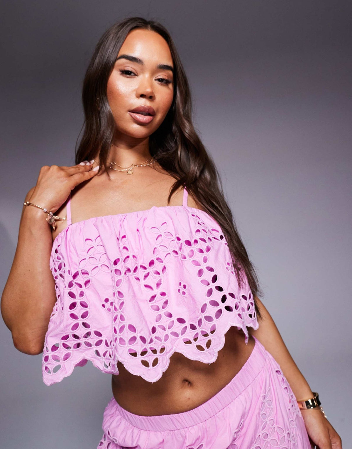 River Island broderie cropped cami top co-ord in pink - ASOS Sample Sale