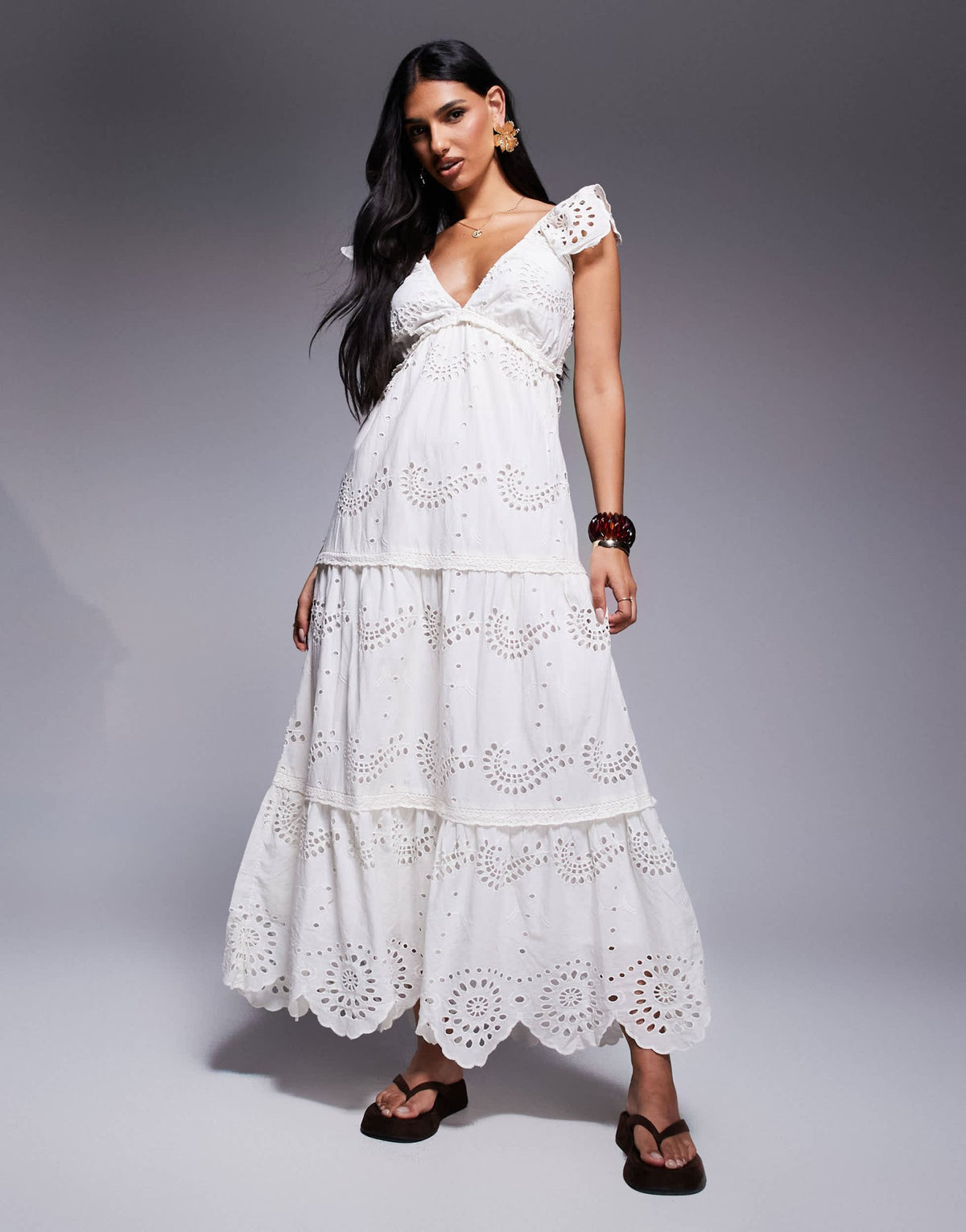 River Island broderie midi dress in cream - ASOS Sample Sale
