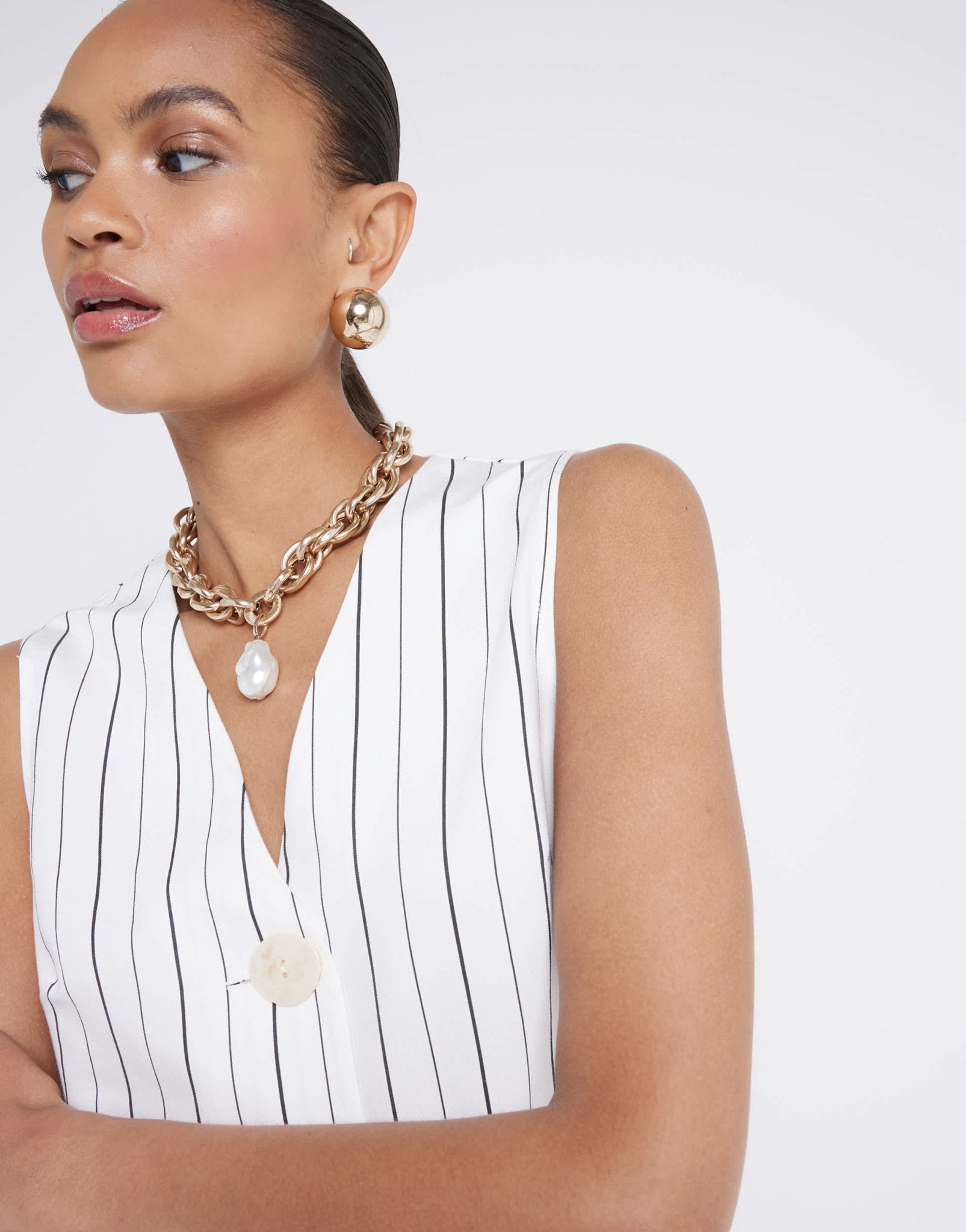 River Island button down playsuit in cream stripe - ASOS Sample Sale