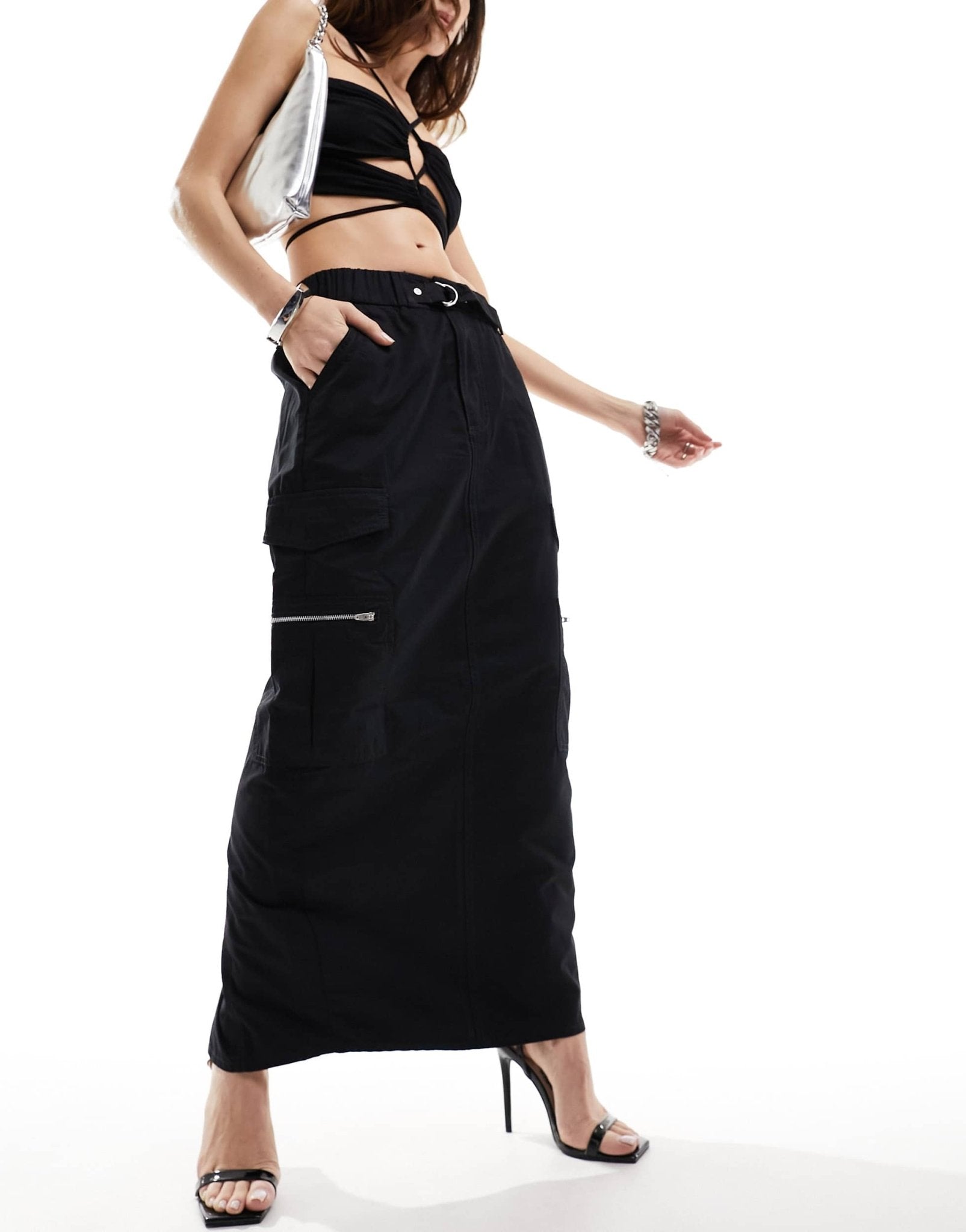 River Island cargo midi skirt in black - ASOS Sample Sale