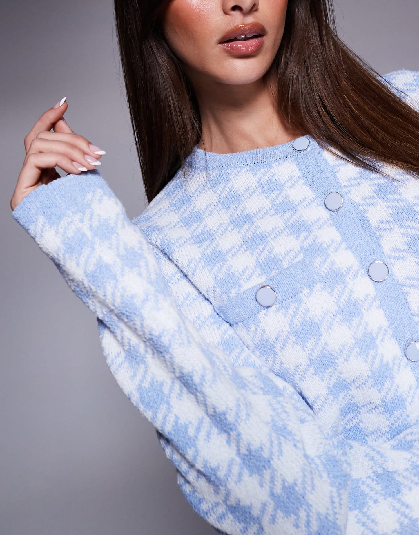 River Island checked cropped cardigan in light blue - ASOS Sample Sale
