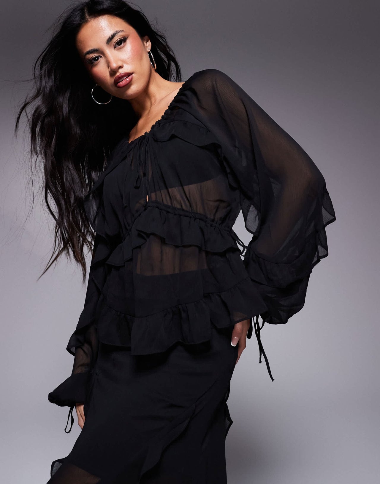River Island chiffon ruffle tie detail blouse in black - ASOS Sample Sale