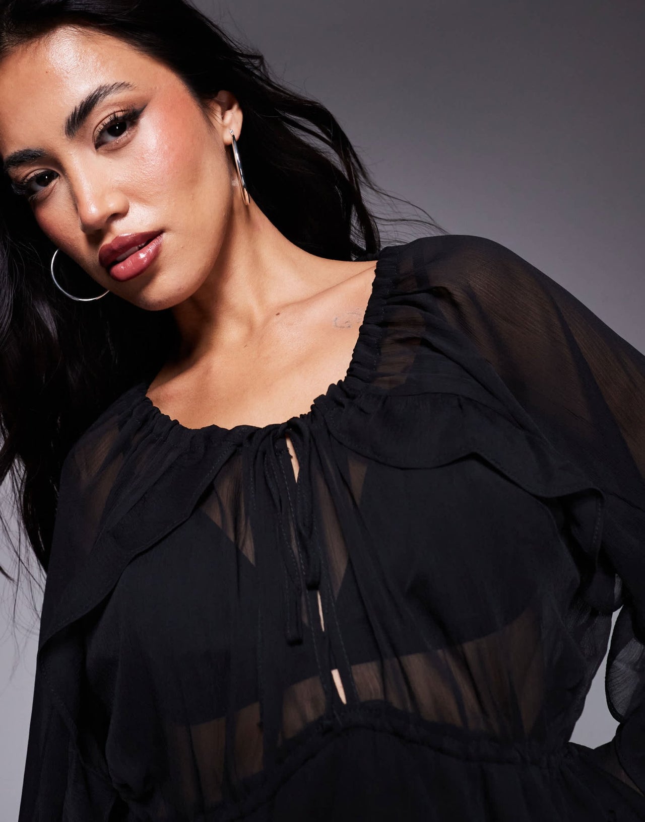 River Island chiffon ruffle tie detail blouse in black - ASOS Sample Sale