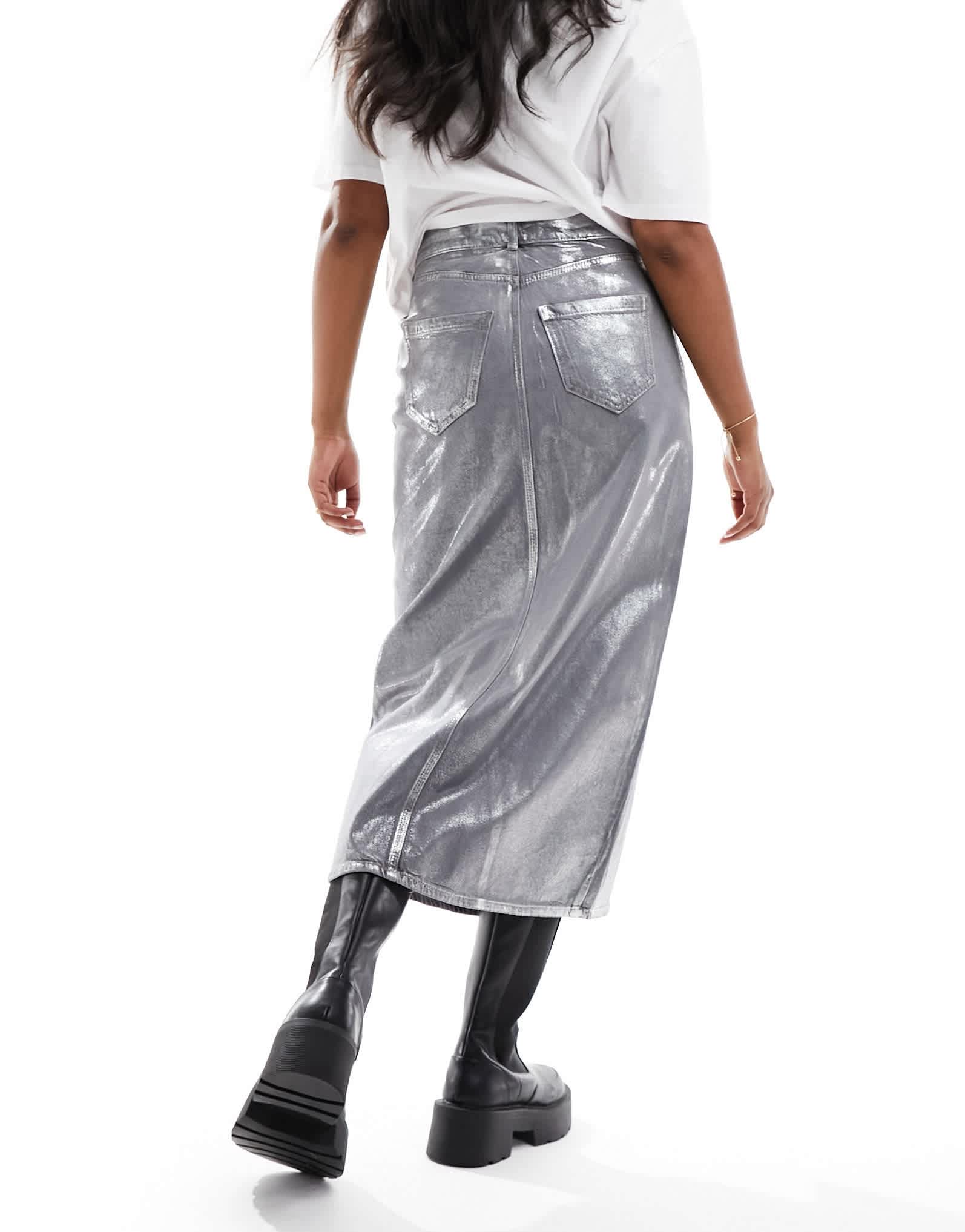 River Island coated denim midi skirt in silver - ASOS Sample Sale