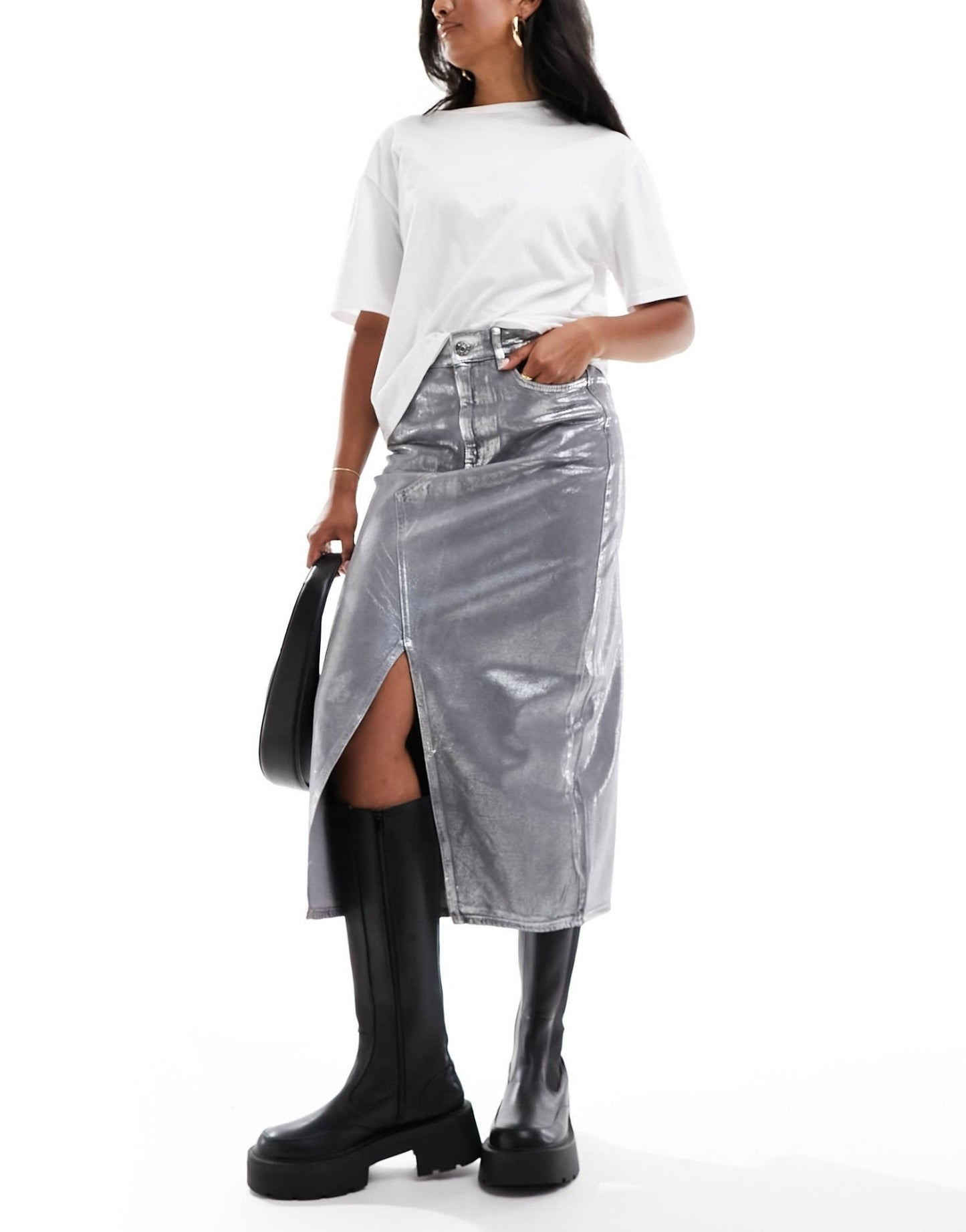 River Island coated denim midi skirt in silver - ASOS Sample Sale