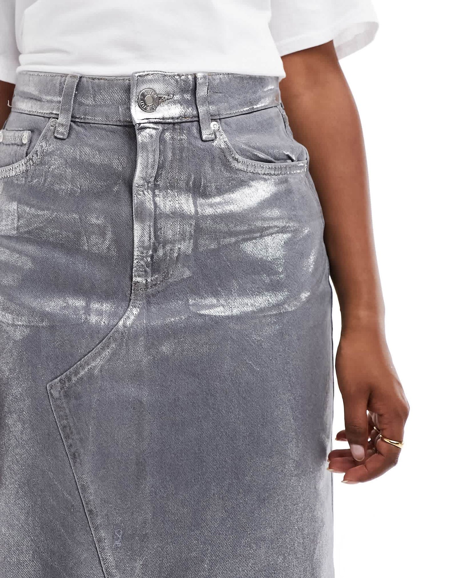 River Island coated denim midi skirt in silver - ASOS Sample Sale
