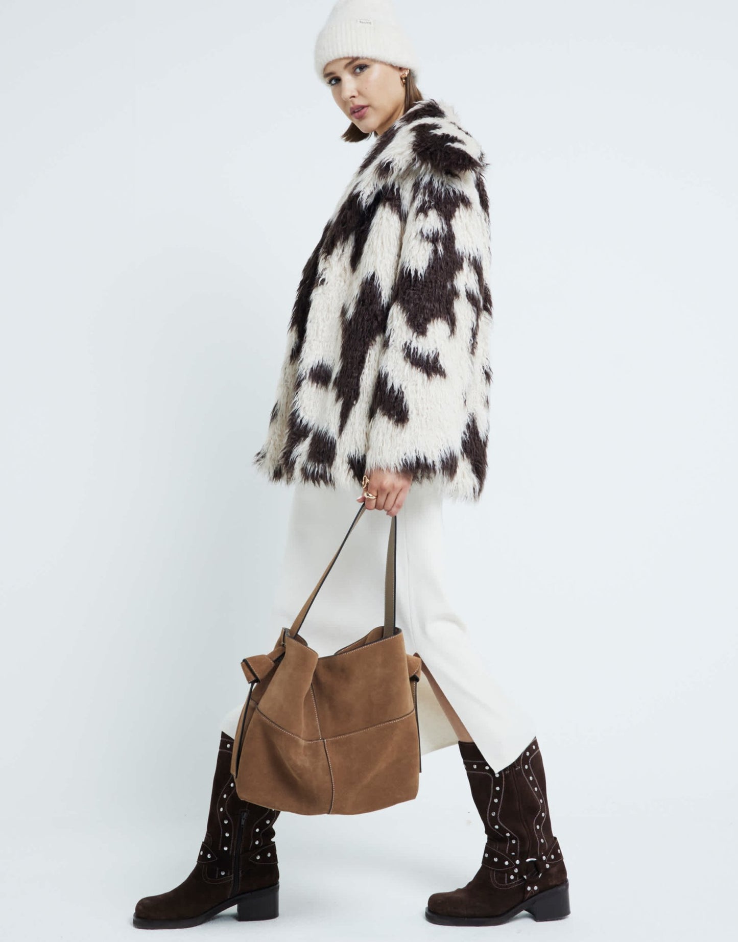River Island cow print faux fur coat in cream - ASOS Sample Sale