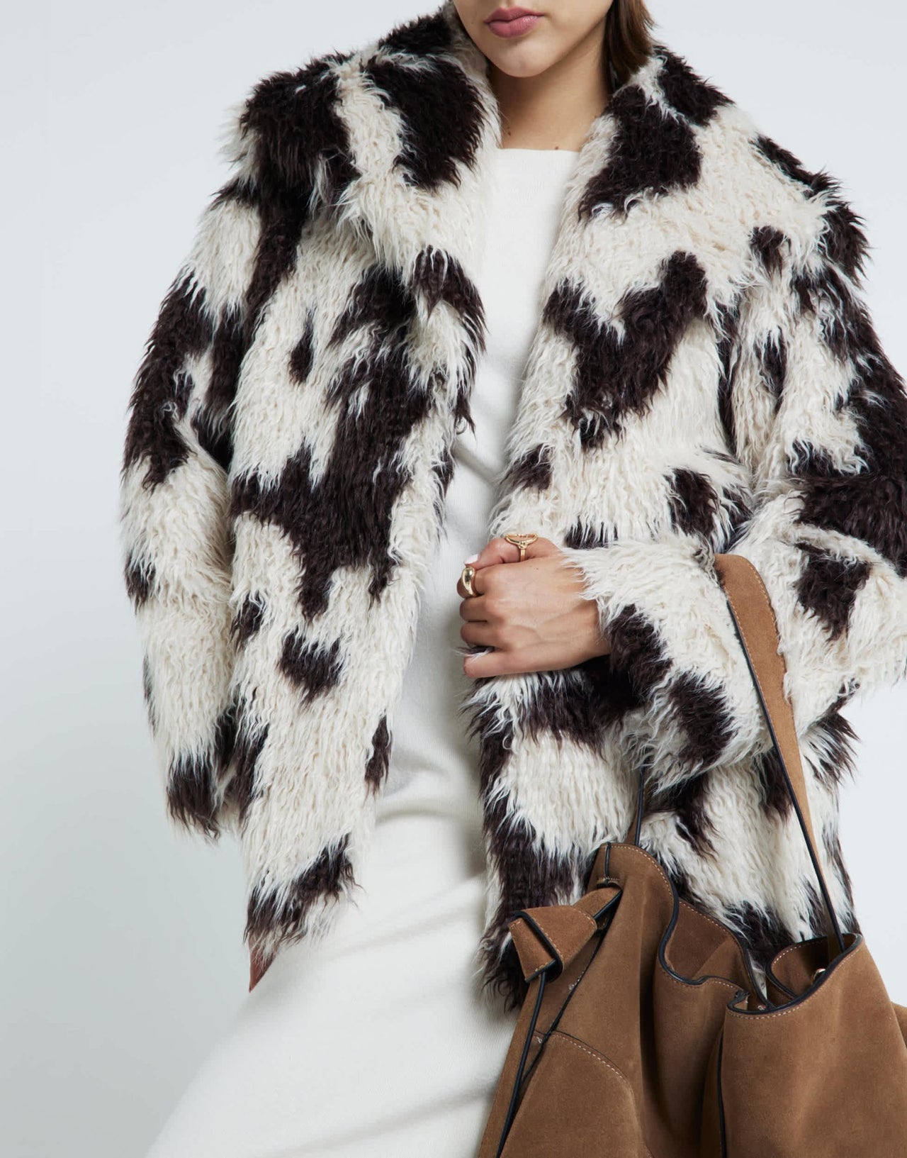 River Island cow print faux fur coat in cream - ASOS Sample Sale