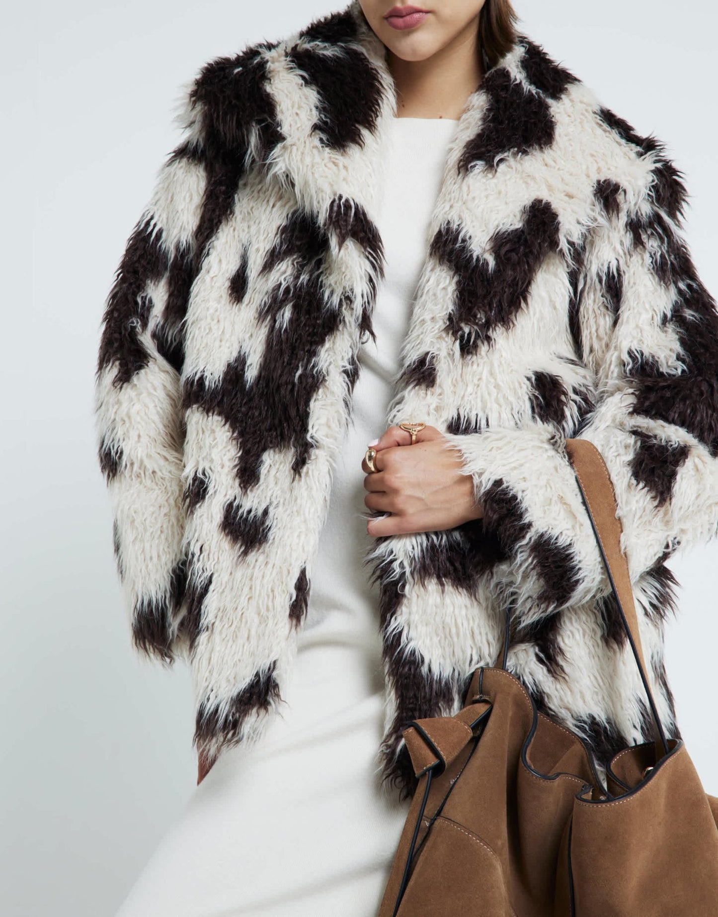 River Island cow print faux fur coat in cream - ASOS Sample Sale