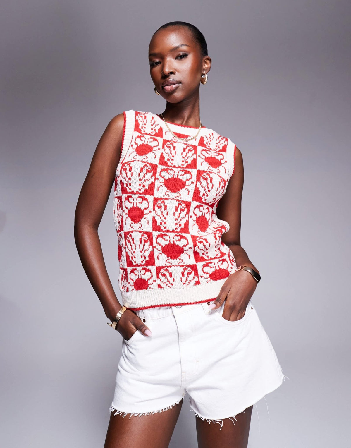 River Island crab shell knitted vest top in red - ASOS Sample Sale