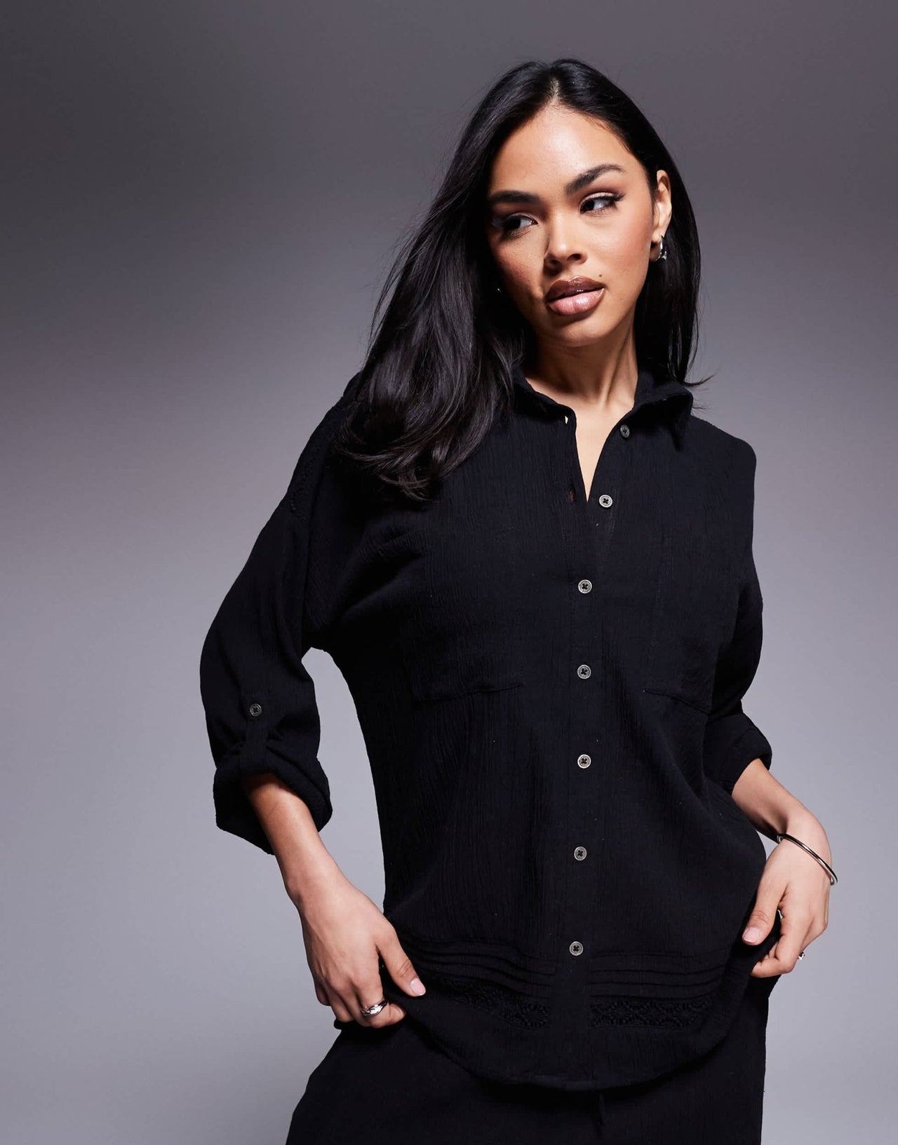River Island crinkle shirt co - ord in black - ASOS Sample Sale