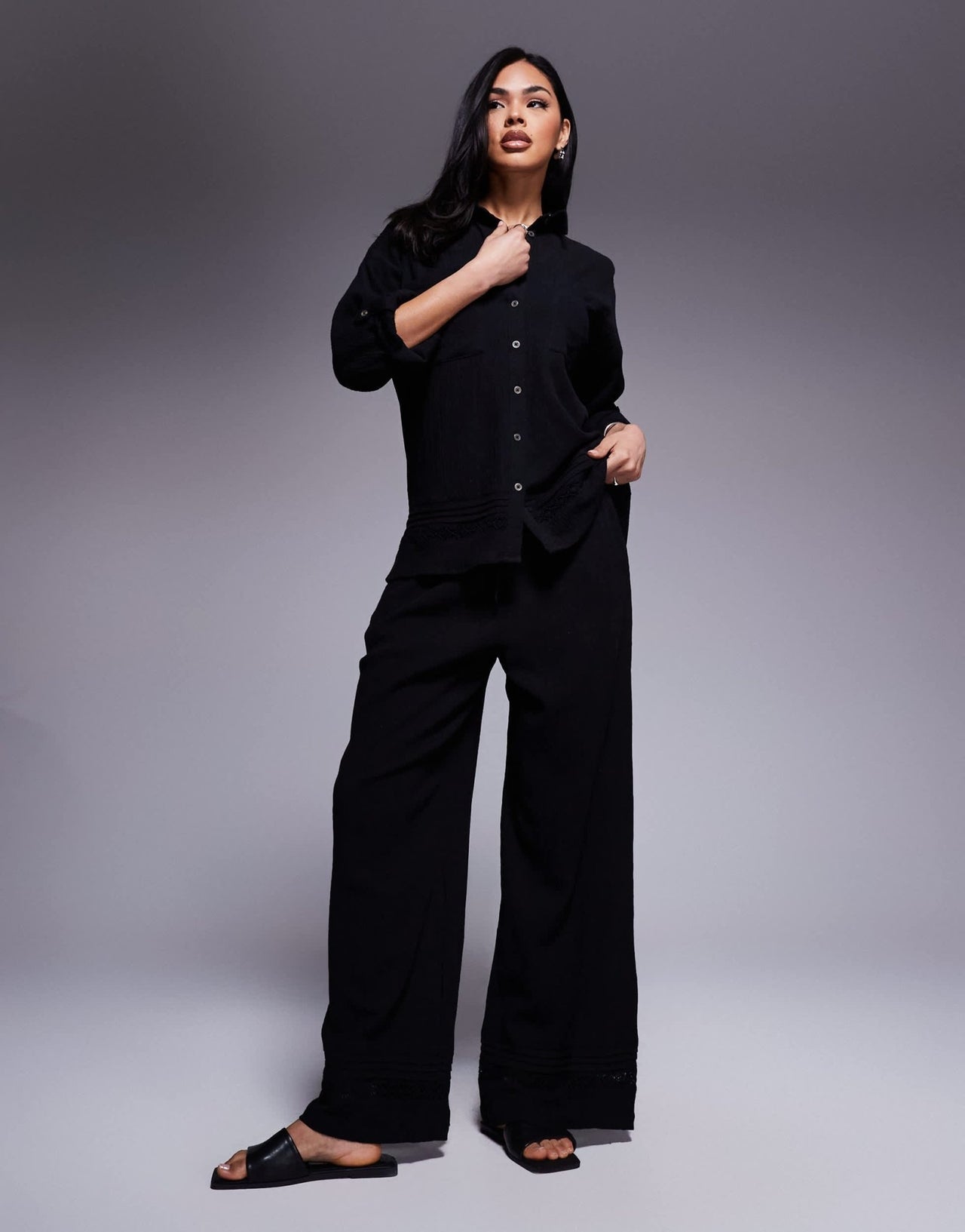 River Island crinkle shirt co - ord in black - ASOS Sample Sale